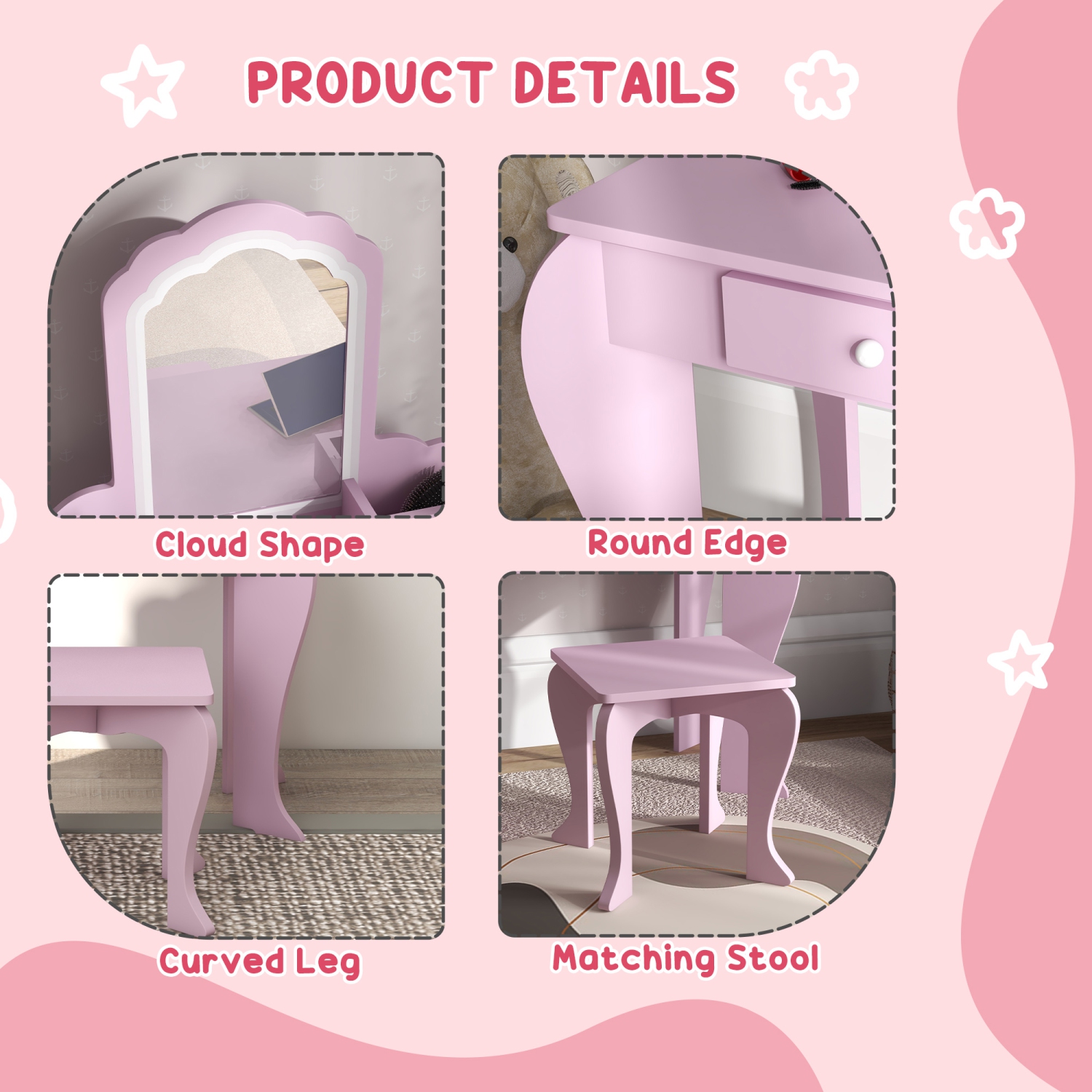 Ensemble coiffeuse avec miroir et tabouret pour enfants Qaba, coiffeuse maquillage pour enfants de 3-6 ans, avec tiroirs, Cloud-Design