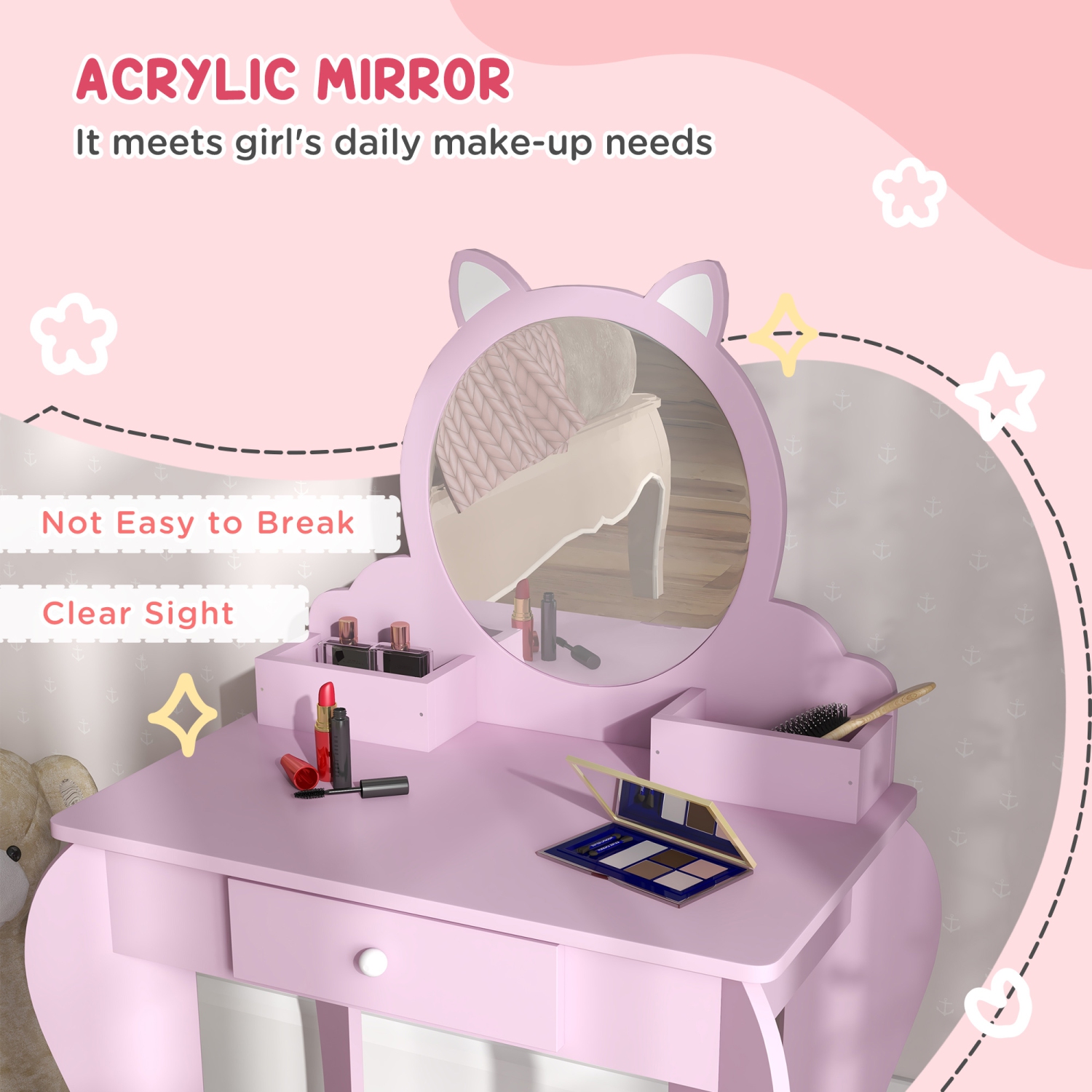Ensemble coiffeuse avec miroir et tabouret pour enfants Qaba, coiffeuse pour enfants de 3-6 ans, avec tiroirs de rangement, conception Cat