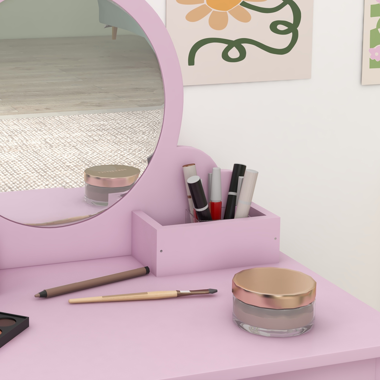 Ensemble coiffeuse avec miroir et tabouret pour enfants Qaba, coiffeuse pour enfants de 3-6 ans, avec tiroirs de rangement, conception Cat