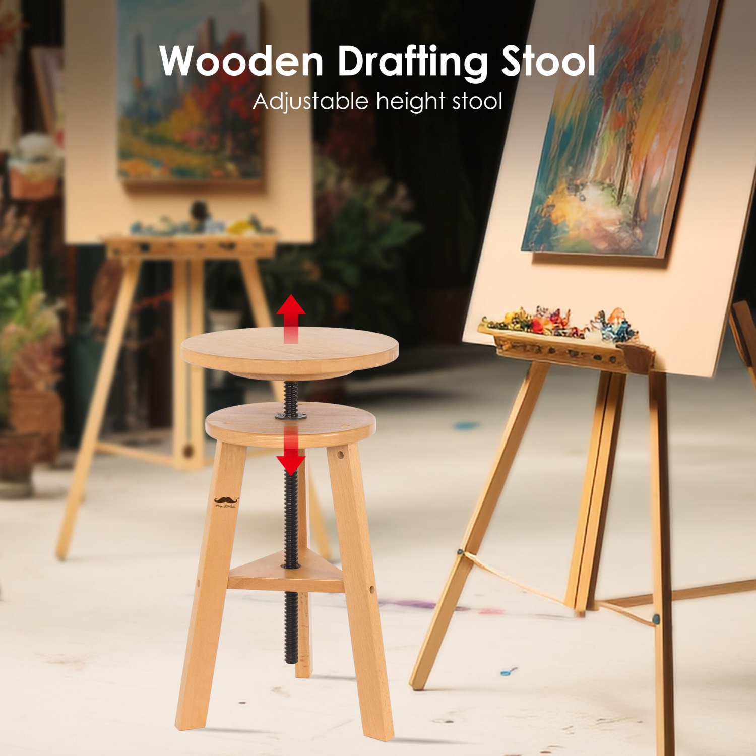Wooden Drafting Chair and Stools, 18.9-25.6inch Adjustable Height Stool Chair, Artist Stool and Office Studio Stool with 176lbs Loading