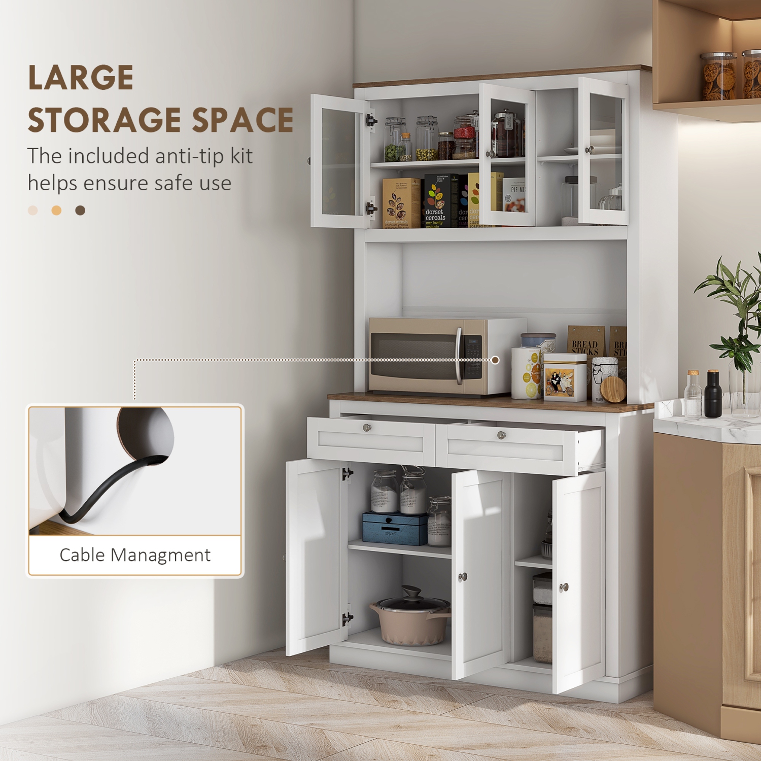 HOMCOM – Armoire garde-manger de 71&nbsp;po avec four à micro-ondes, grande étagère de cuisine à 2 tiroirs, armoire de rangement autonome avec
