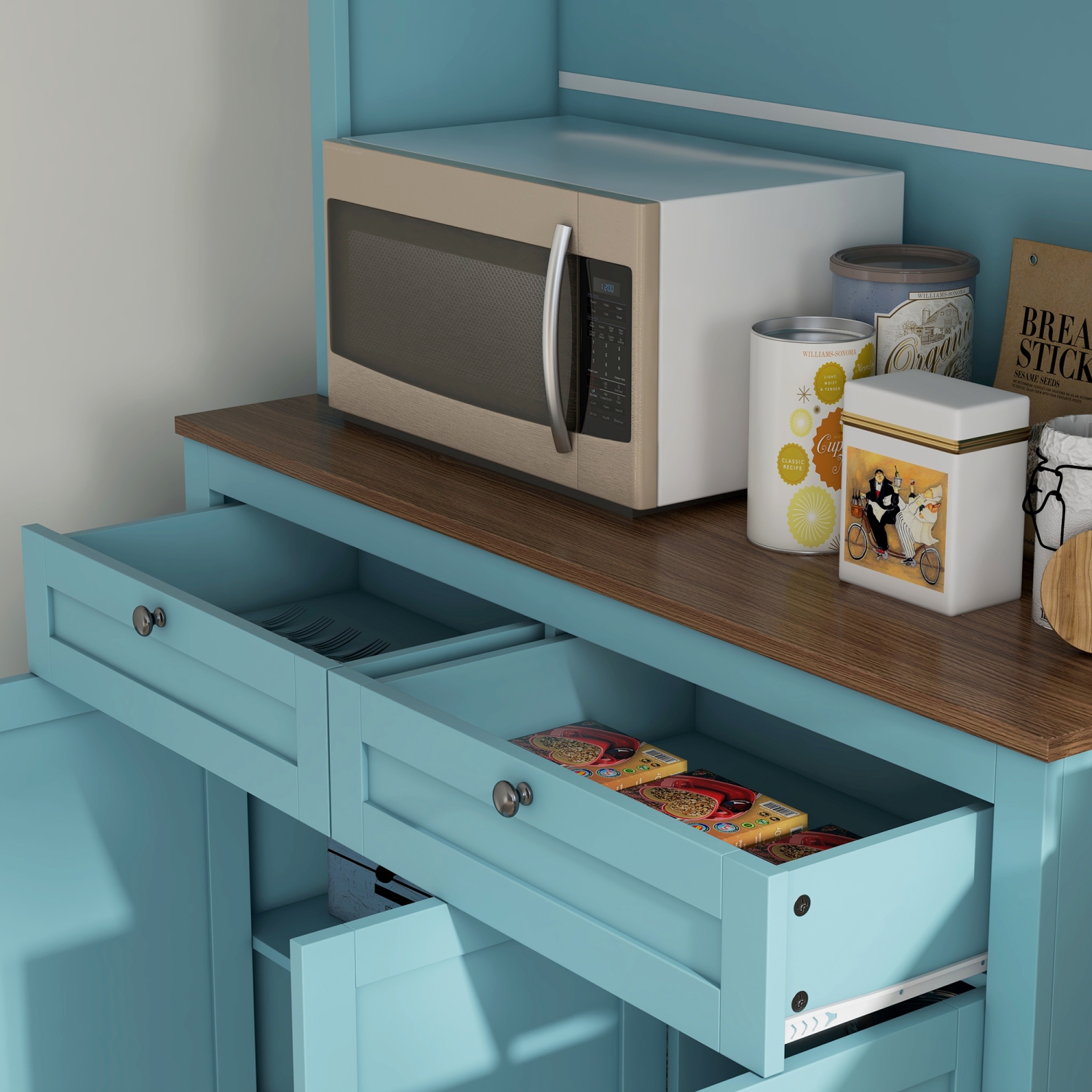 HOMCOM 71" Pantry Cabinet with Microwave Countertop, Tall Kitchen Hutch with 2 Drawers, Freestanding Storage Cabinet with Adjustable Shelves, Glass