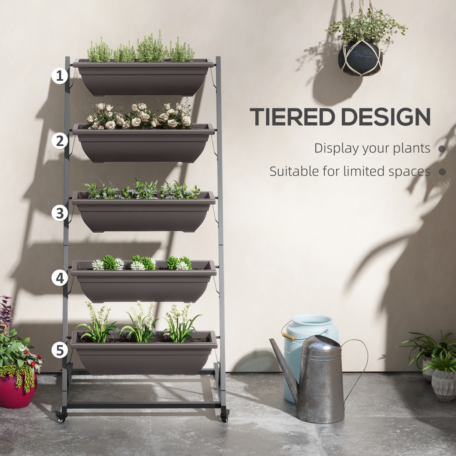 Bac de jardin vertical surélevé à 5 niveaux avec 5 jardinières, roues, contenant d'expansion pour plantes d'extérieur avec trous qui fuient pour