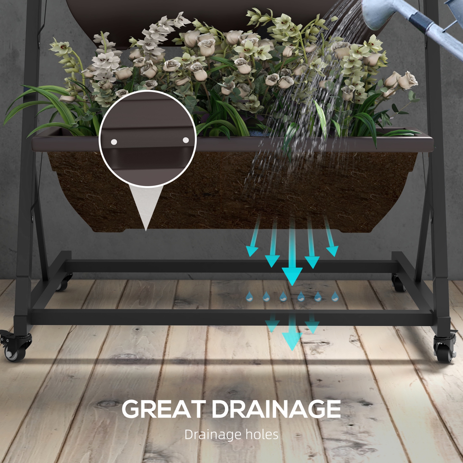 Bac de jardin vertical surélevé à 5 niveaux avec 5 jardinières, roues, contenant d'expansion pour plantes d'extérieur avec trous qui fuient pour