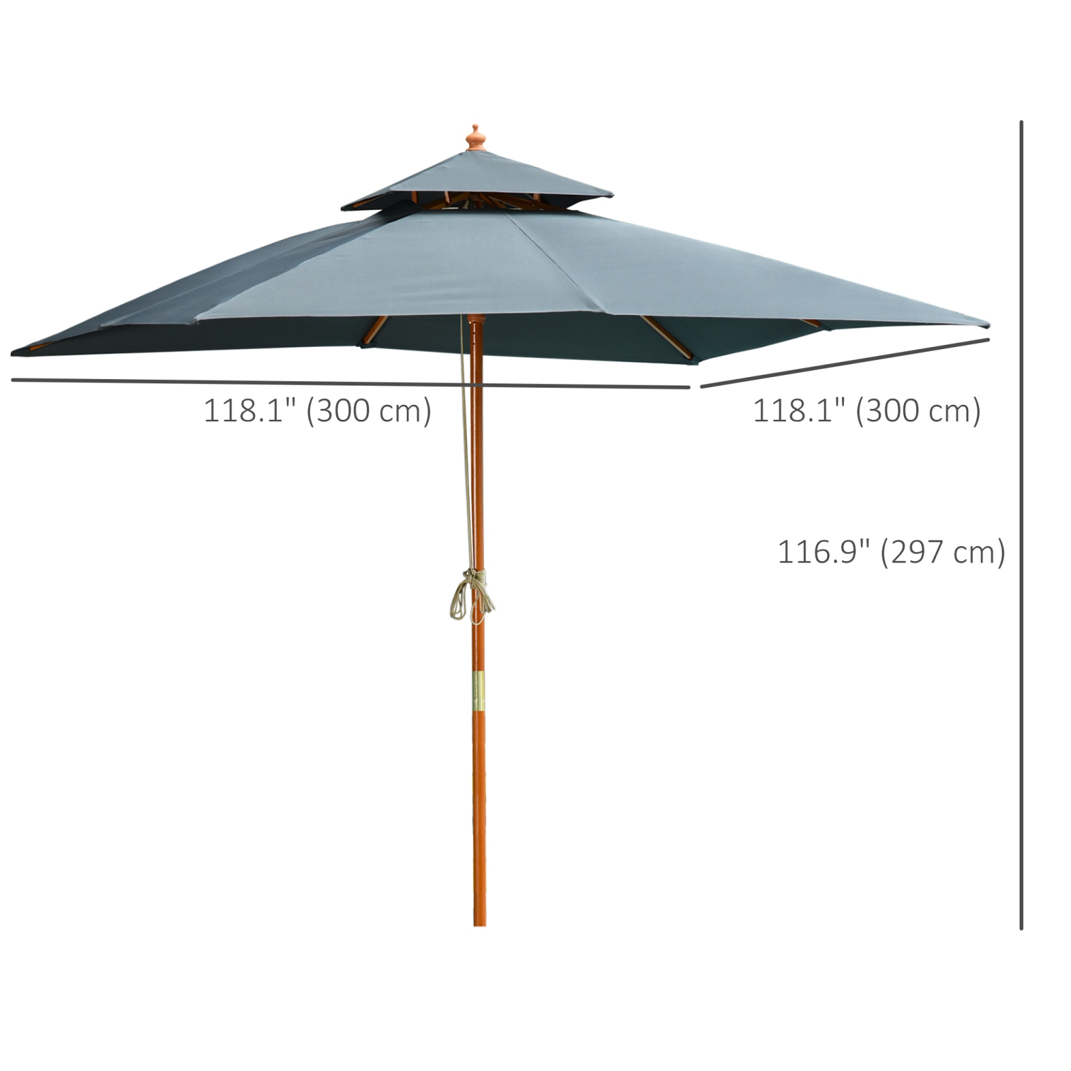Outsunny 10x10ft Wood Square Patio Umbrella Garden Market Parasol Sunshade Canopy with 2 Pulley Pagoda Style, Dark Grey