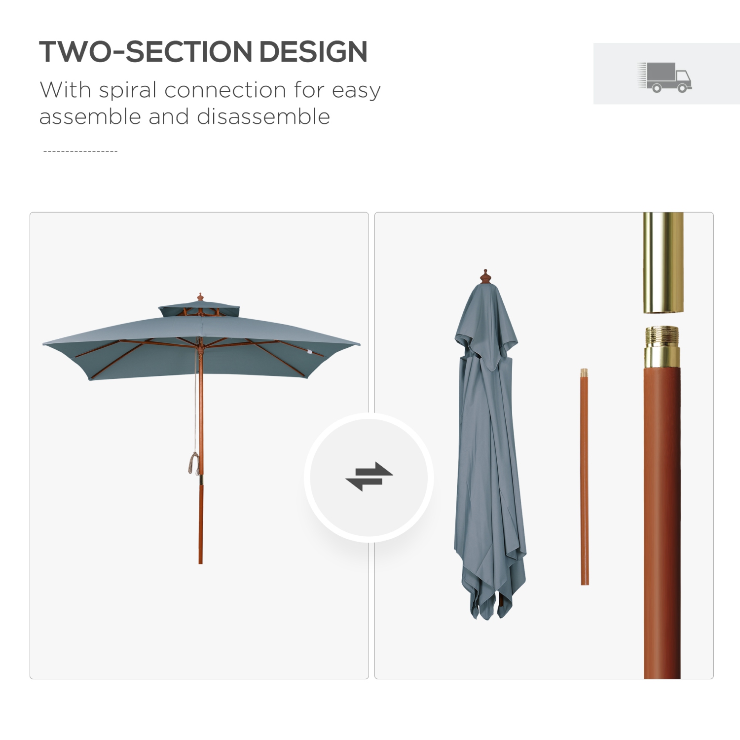 Outsunny 10x10ft Wood Square Patio Umbrella Garden Market Parasol Sunshade Canopy with 2 Pulley Pagoda Style, Dark Grey