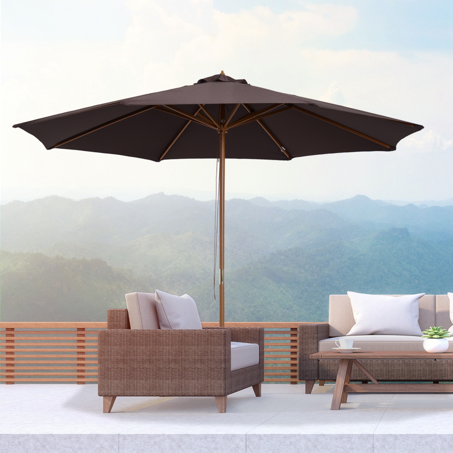 Outsunny 10' x 8' Bamboo Wooden Round Market Patio Sun Umbrella Garden Parasol Outdoor Sunshade Canopy, Coffee