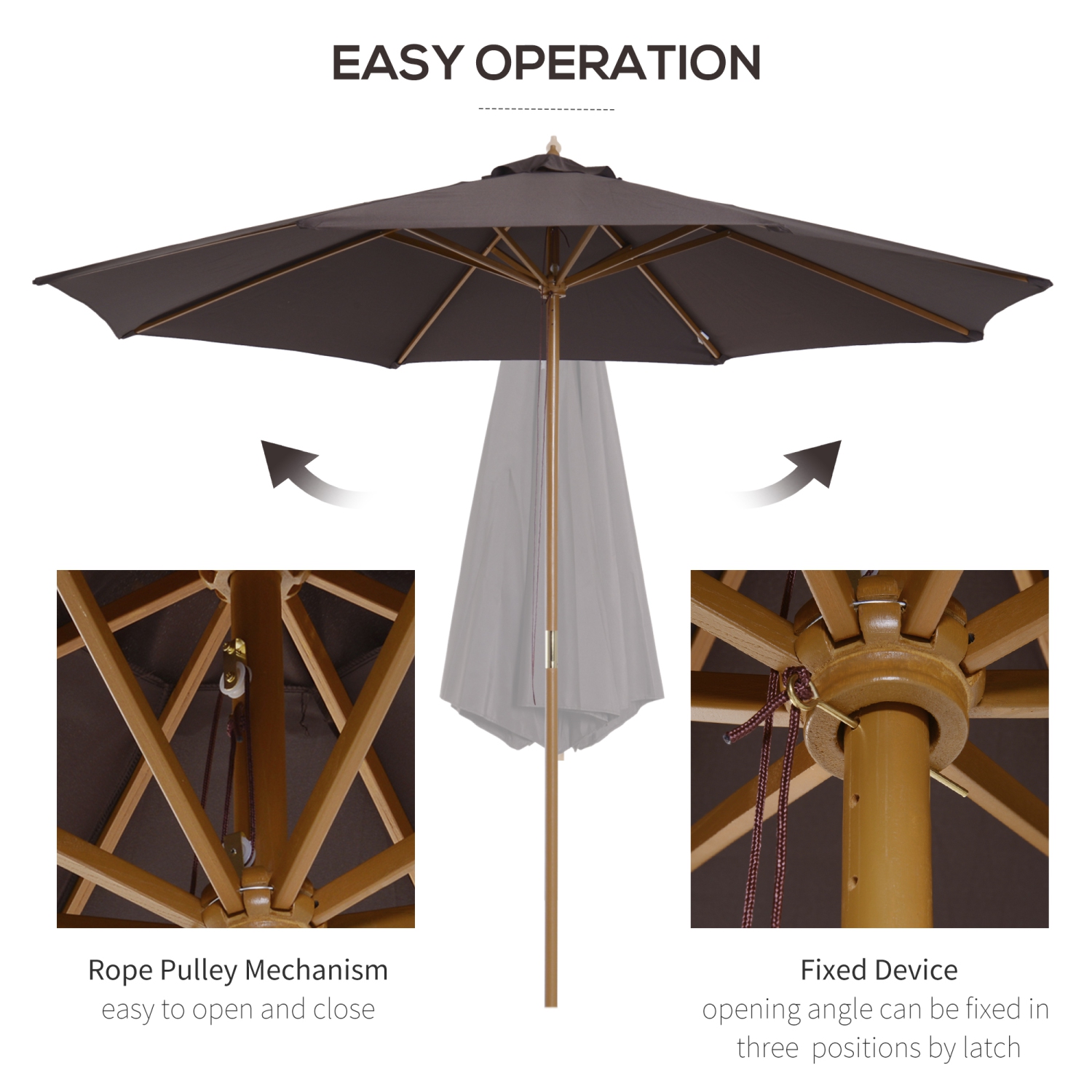 Outsunny 10' x 8' Bamboo Wooden Round Market Patio Sun Umbrella Garden Parasol Outdoor Sunshade Canopy, Coffee