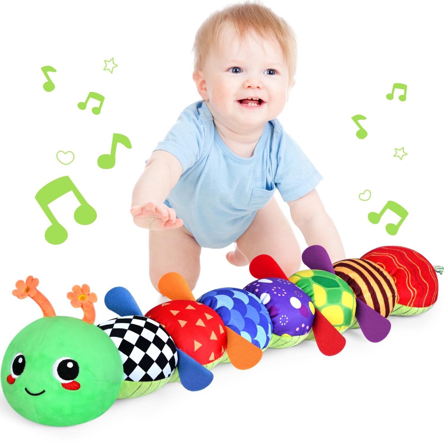 Adorable Infant Musical Stuffed Animal Toys for 0-12 Months, Soft Sensory Toys with Crinkle and Rattles, Perfect for Tummy Time, Caterpillar Design in Pink and Green