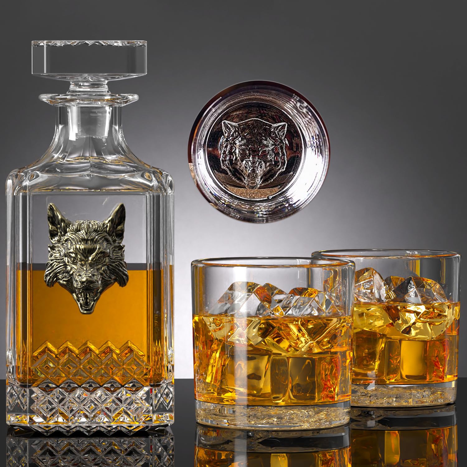 Vintage Metal Wolf Head Whiskey Decanter Set - 25oz Liquor Decanter with 2 Glasses for Whisky Lovers - Perfect Retirement or Birthday Gift