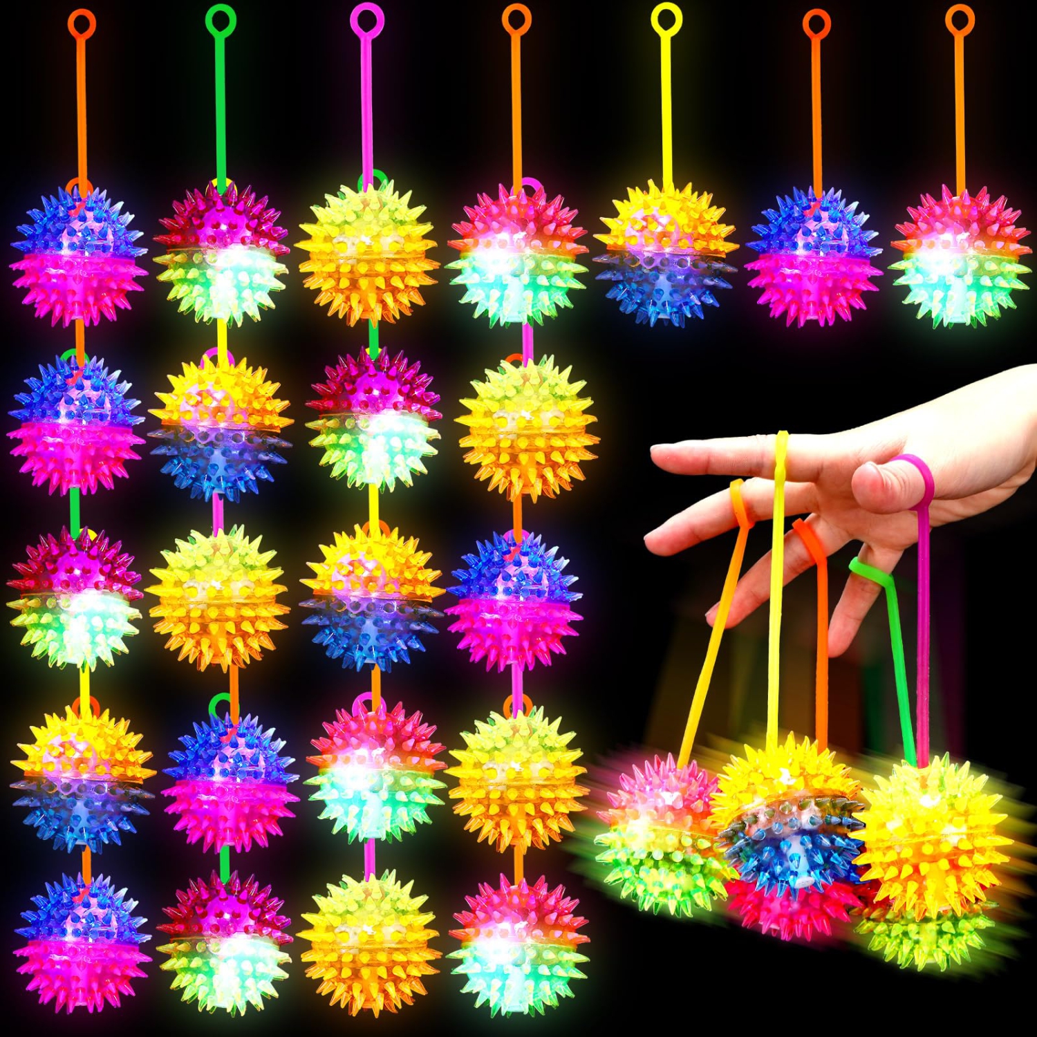 24 Pack LED Flashing Spiky Bouncy Light up Balls - Sensory Stress Relief Toys for Kids - Glow in The Dark Party Favors and Birthday Gifts