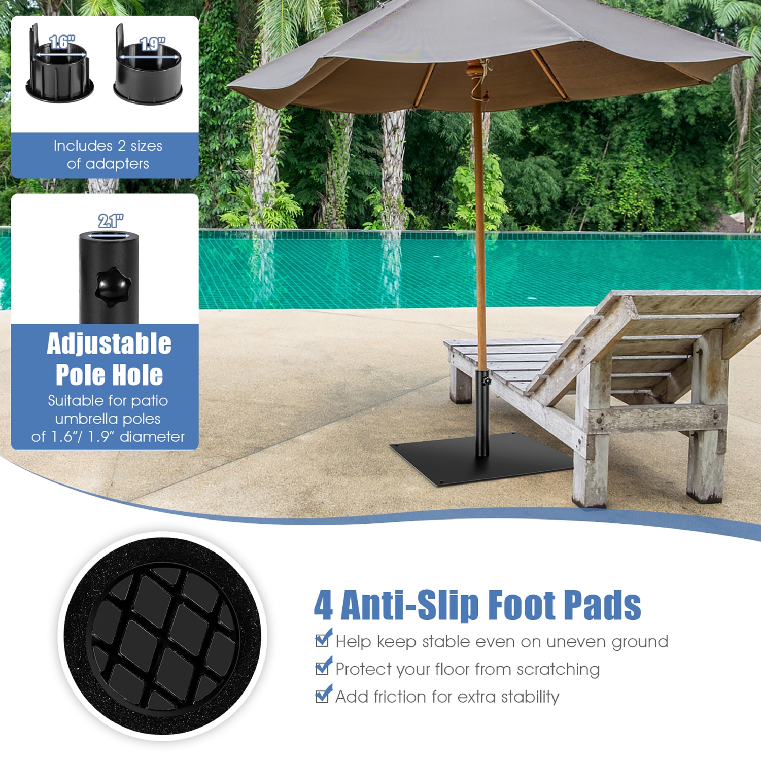 Costway 25" Square Patio Umbrella Base Weighted 42 LBS Outdoor Market Stand Footpads