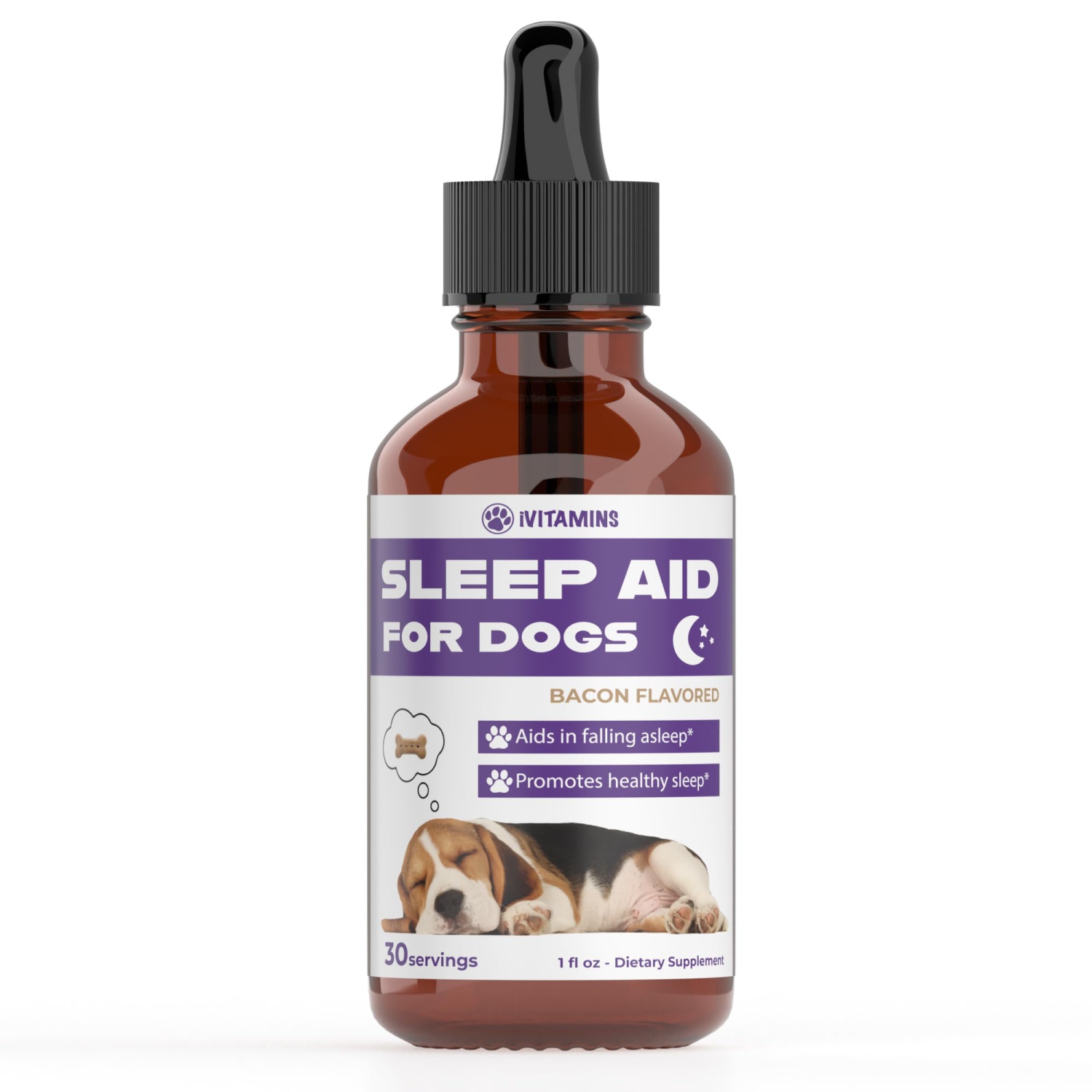 Bacon Flavored Dog Sleep Aid - Promotes Restful Sleep, Calms Anxiety & Provides Melatonin for Healthy Sleep Patterns - 1 fl oz