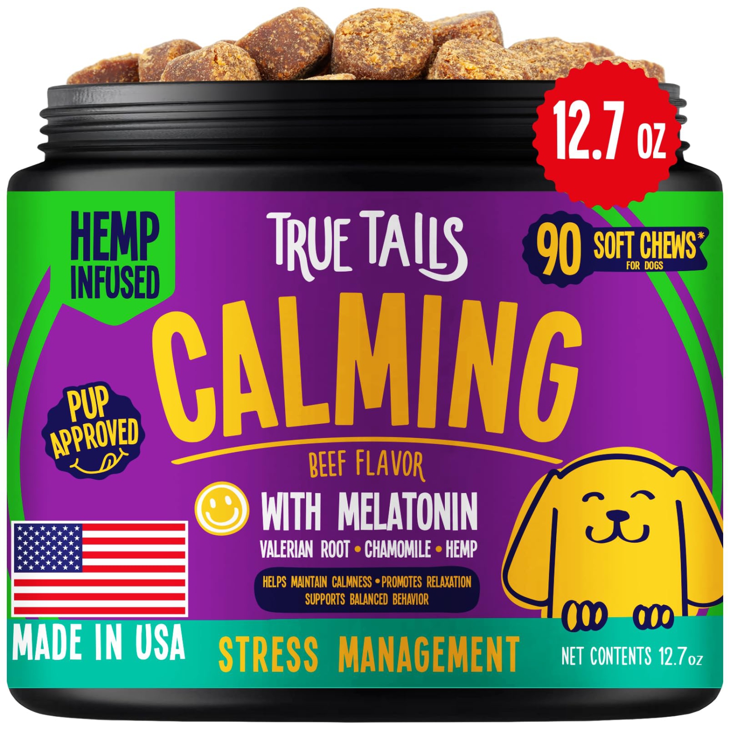 Dog Calming Chews - 90 Treats with Melatonin, Valerian Root, Hemp - Delicious and Relaxing - No Preservatives or Fillers - Beef Flavor