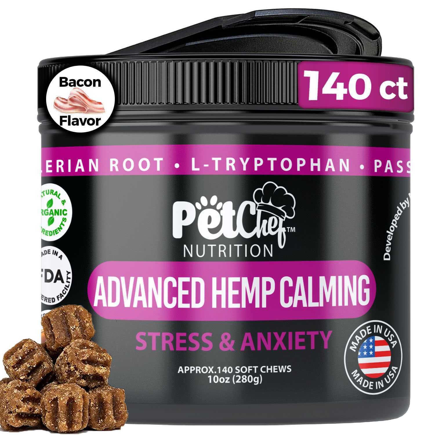 Natural Hemp Calming Chews for Dogs - Separation Anxiety, Hyperactivity, Stress & Pain Relief - Roasted Bacon Flavor - Pop Top Lid - Made in USA - 140 Count