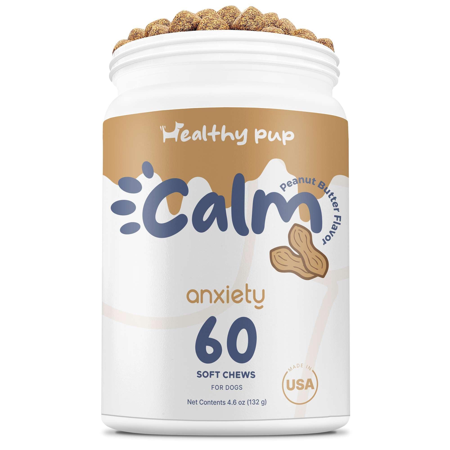 Dog Calming Chews with Melatonin - 60 Soft Treats for Anxiety Relief in Large & Small Dogs - Peanut Butter Flavor with Chamomile, Thiamine, L-Tryptophan