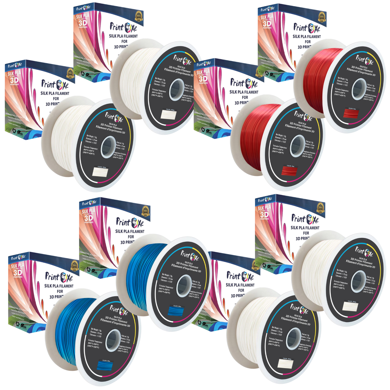 3D PLA like SILK Filament 8 Packs 4 White , 2 Red , & 2 Blue Colours 1.75 mm Diameter Each Weight 1 Kg Net PRINTOXE Brand