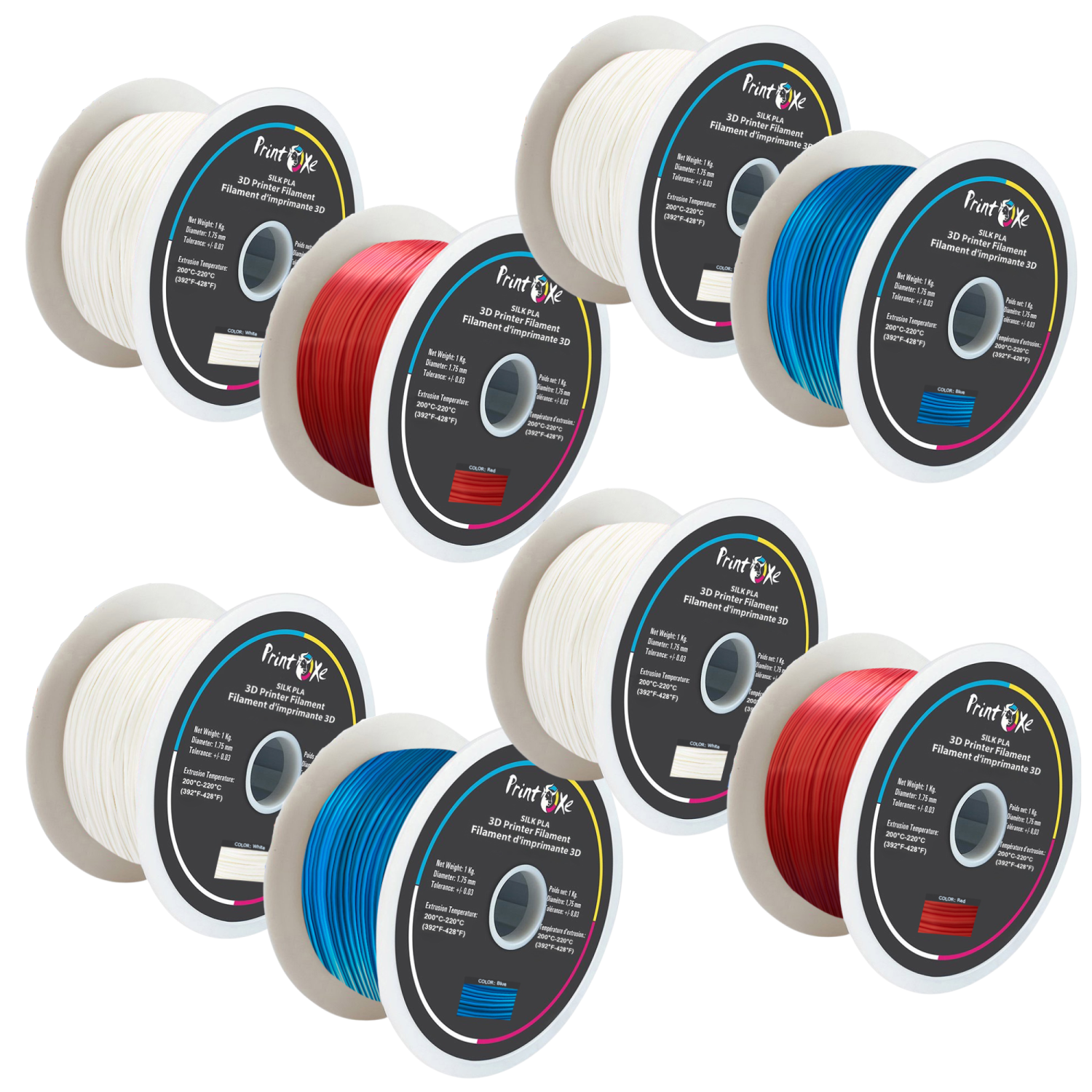 3D PLA like SILK Filament 8 Packs 4 White , 2 Red , & 2 Blue Colours 1.75 mm Diameter Each Weight 1 Kg Net PRINTOXE Brand