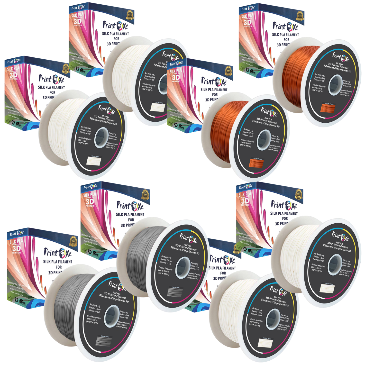 3D PLA like SILK Filament 8 Packs 4 White , 2 Copper , & 2 Silver Colours 1.75 mm Diameter Each Weight 1 Kg Net PRINTOXE Brand