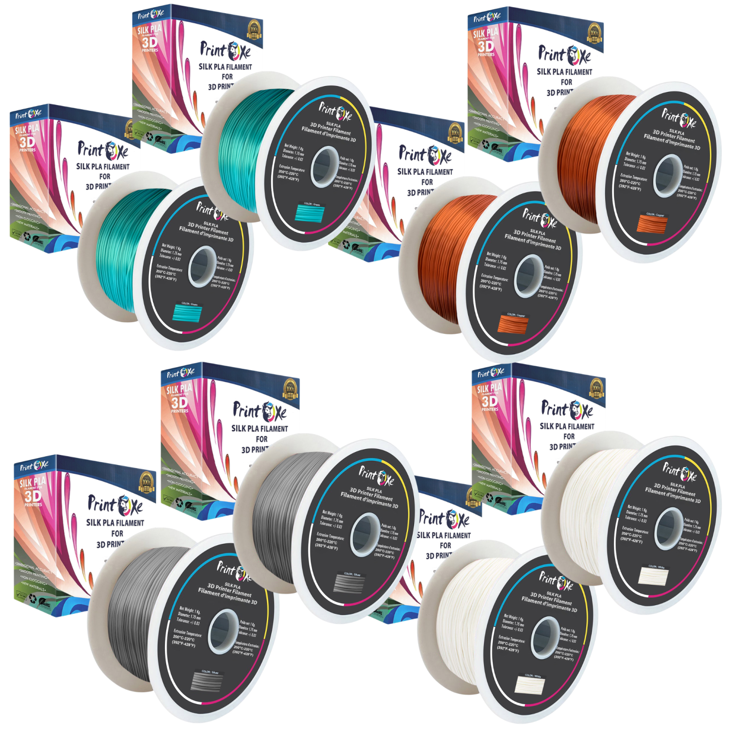 3D PLA like SILK Filament 8 Packs 2 White , 2 Green , 2 Copper & 2 Silver Colours 1.75 mm Diameter Each Weight 1 Kg Net PRINTOXE Brand