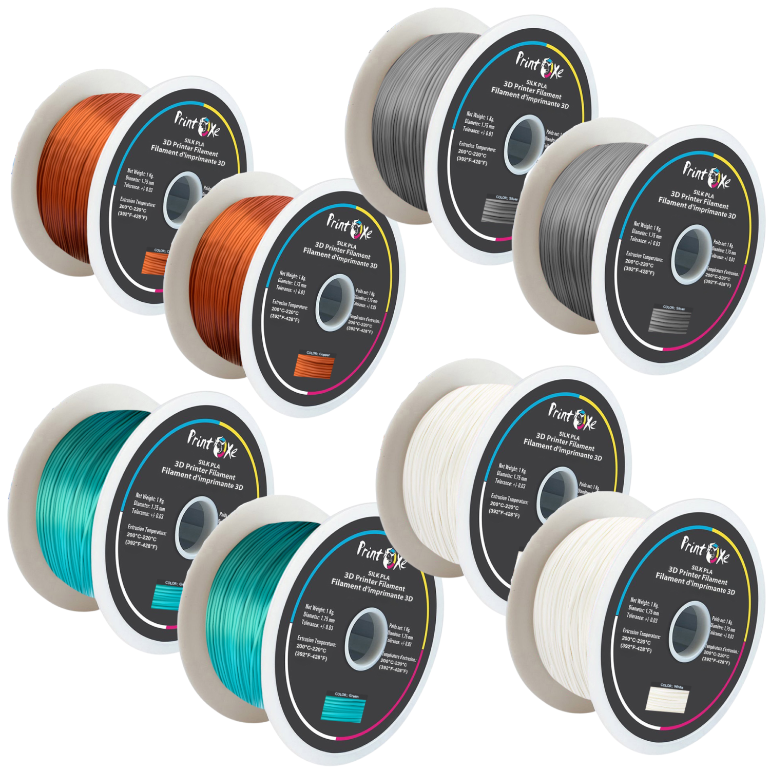 3D PLA like SILK Filament 8 Packs 2 White , 2 Green , 2 Copper & 2 Silver Colours 1.75 mm Diameter Each Weight 1 Kg Net PRINTOXE Brand