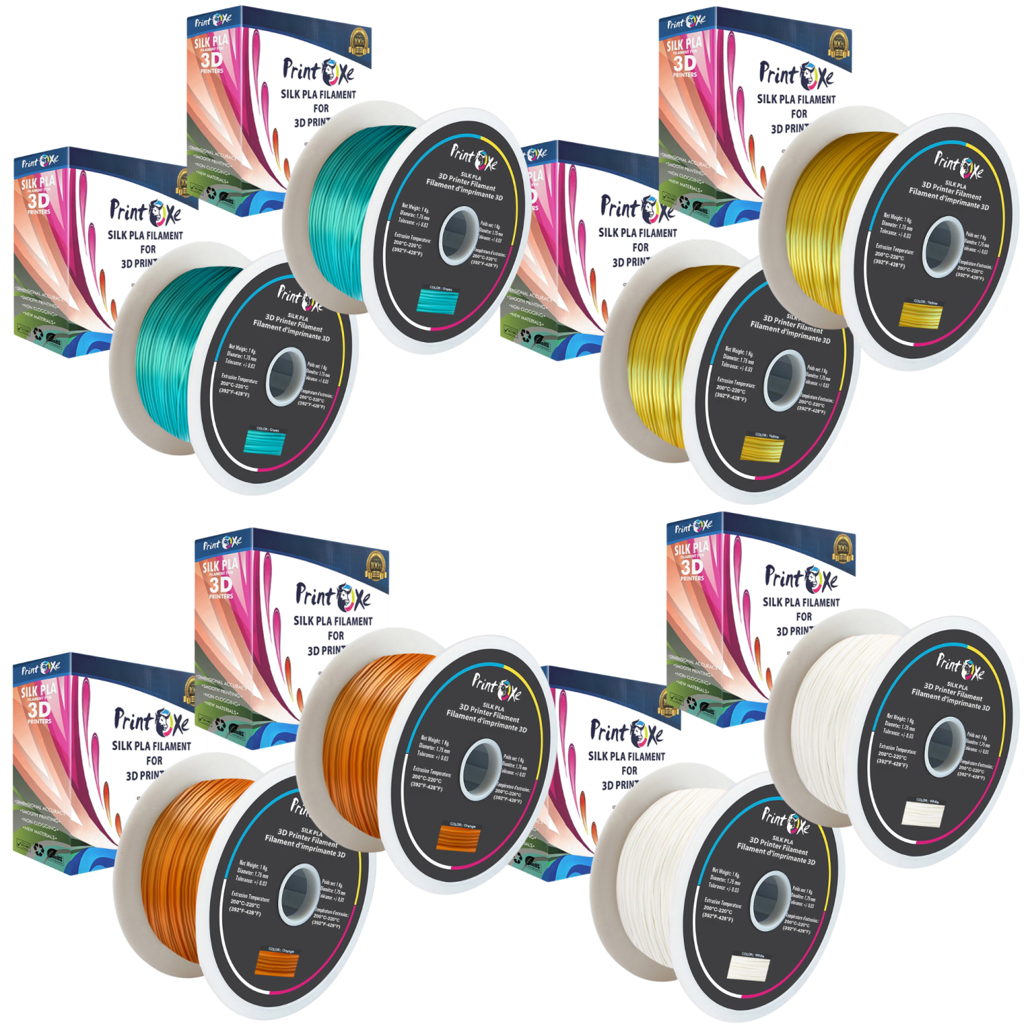 3D PLA like SILK Filament 8 Packs 2 White , 2 Orange , 2 Yellow & 2 Green Colours 1.75 mm Diameter Each Weight 1 Kg Net PRINTOXE Brand