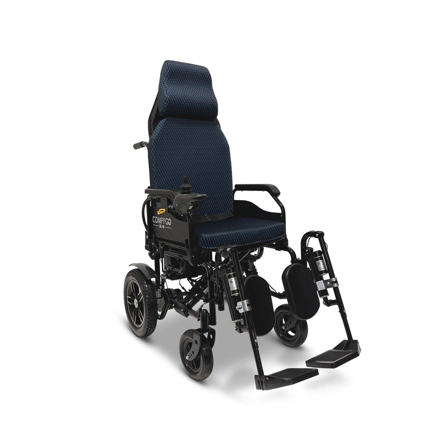 X-9 Remote-Controled Electric Wheelchair | Automatic Reclining Backrest & Lifting Leg Rests | Dual Motors, 27 km Range | 360° Joystick | Lightweight & Portable - Blue