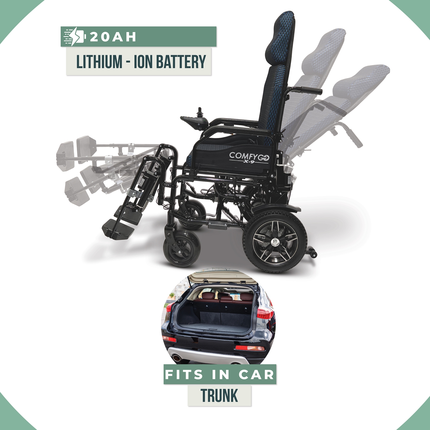 X-9 Remote-Controled Electric Wheelchair | Automatic Reclining Backrest & Lifting Leg Rests | Dual Motors, 27 km Range | 360° Joystick | Lightweight