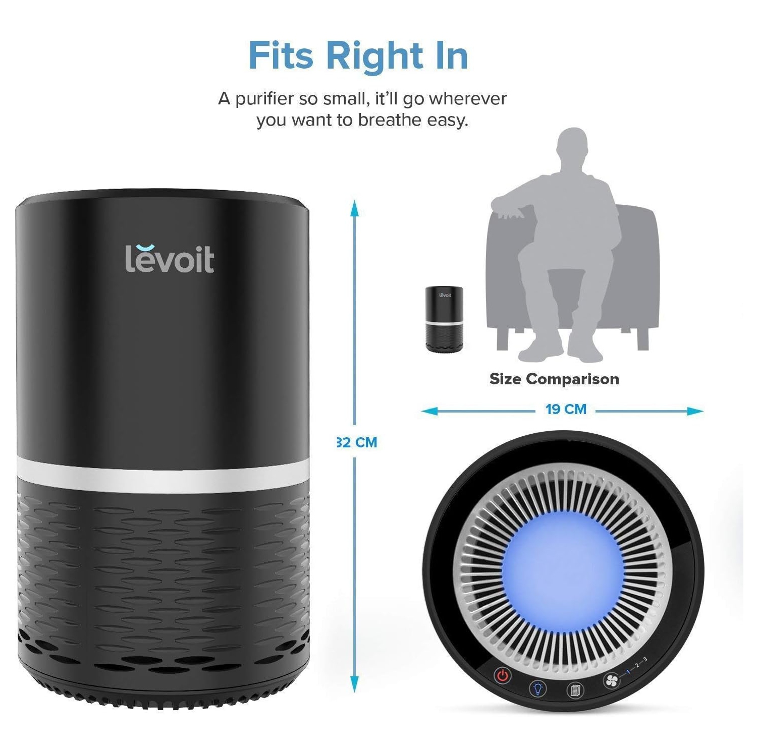 Levoit Air Purifier with H13 True HEPA Filter Active Carbon Filtration, Captures Allergies, Smoke, Pet, Dust, Pollen for Home Air Cleaning, 3 Fan