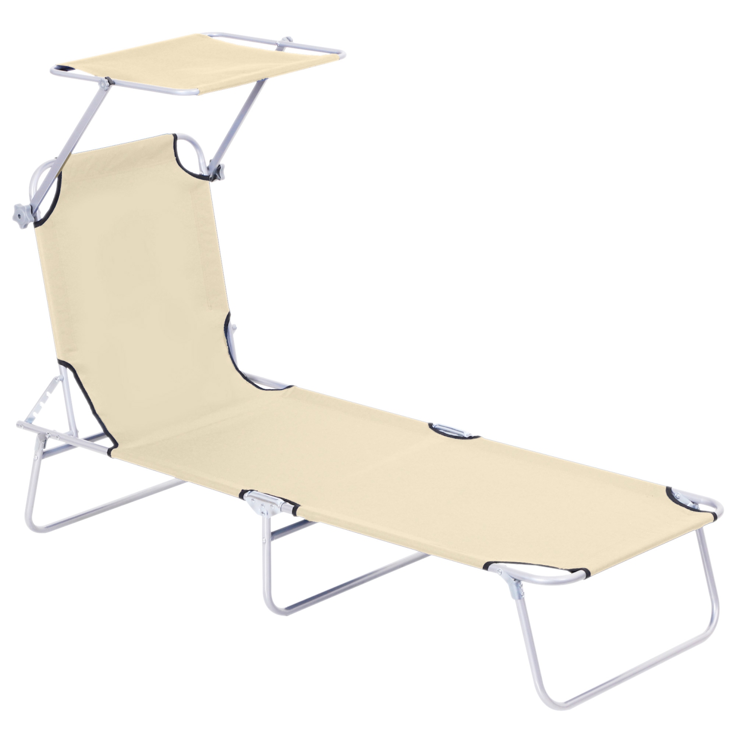 Outsunny Outdoor Lounge Chair, Adjustable Folding Chaise Lounge, Tanning Chair with Sun Shade for Beach, Camping, Hiking, Backyard, Beige