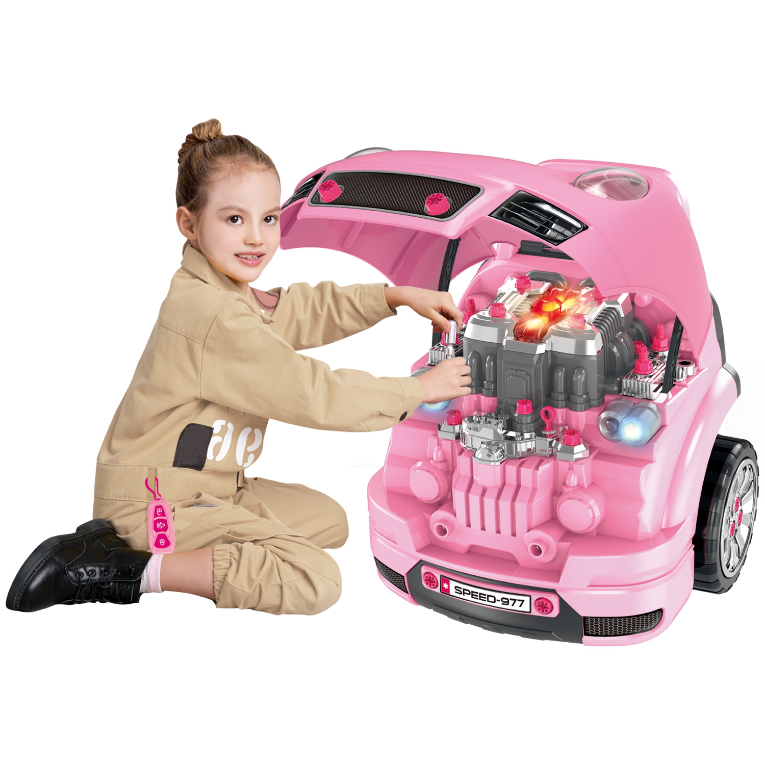Qaba Kids Truck Engine Toy Set, Educational Car Service Station Kids Tool Set, Take Apart Workshop, w/ Steering Wheel, Horn, Light, RC Car Key, for 3-5 Years Old Pink