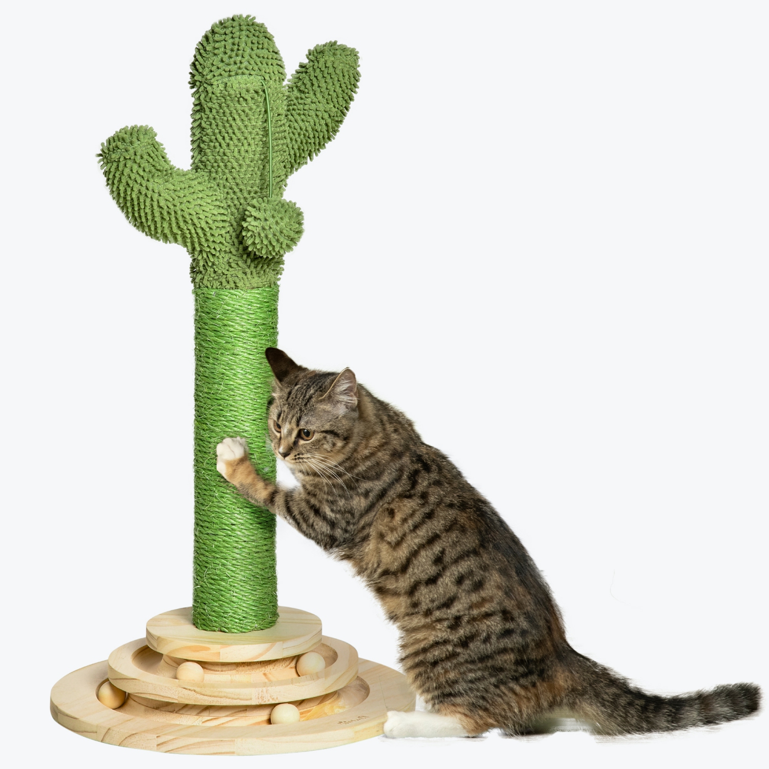 PawHut Cat Scratching Post, 23.6" Cactus Scratching Post, Nature Sisal Cat Scratcher with Two Interactive Hanging Balls and Rotating Ball Toys for Indoor Cats