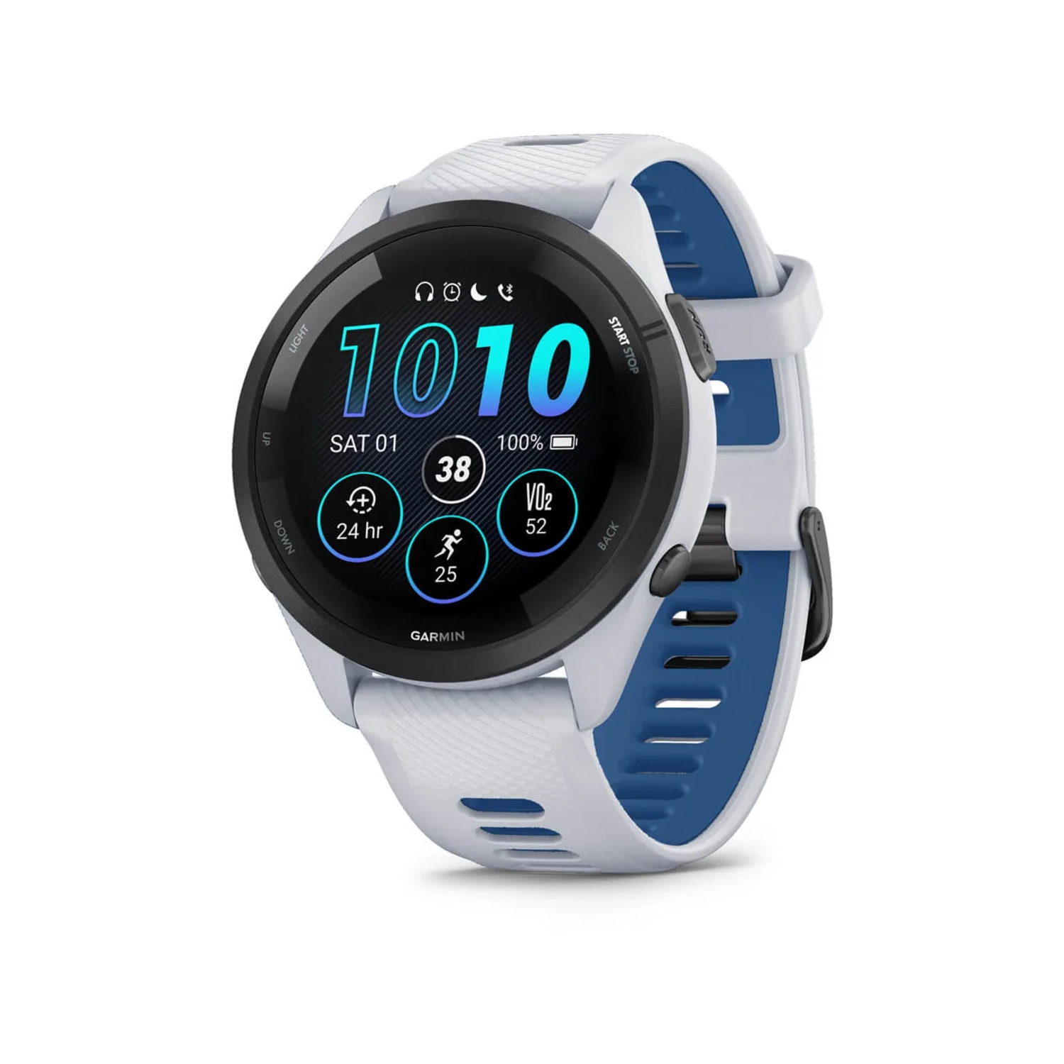Open Box - Garmin Forerunner 265 - Black Bezel with Whitestone Case and Whitestone/Tidal Blue Silicone Band