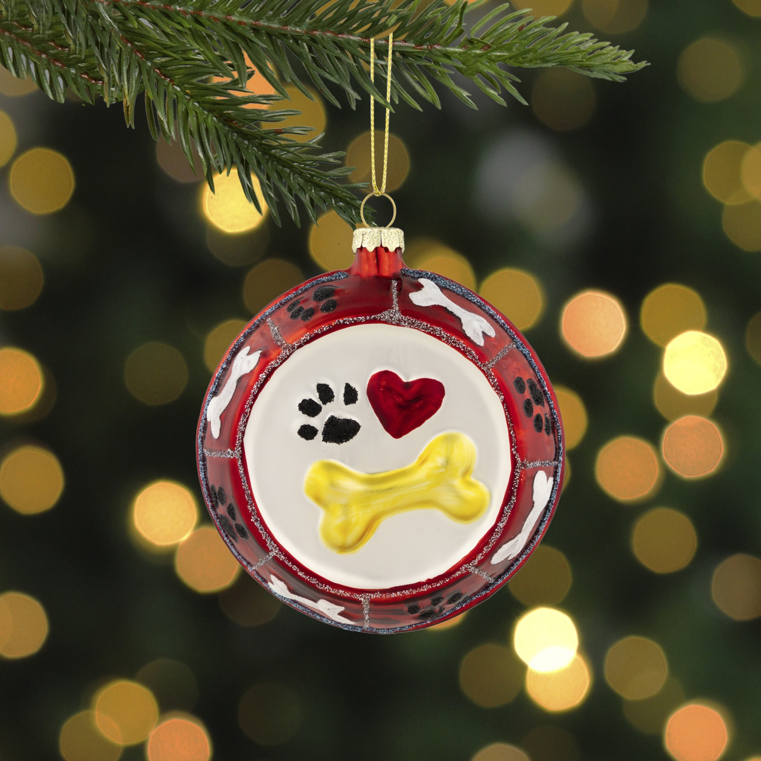 3.75" Bones and Heart Dog Food Bowl Glass Christmas Ornament