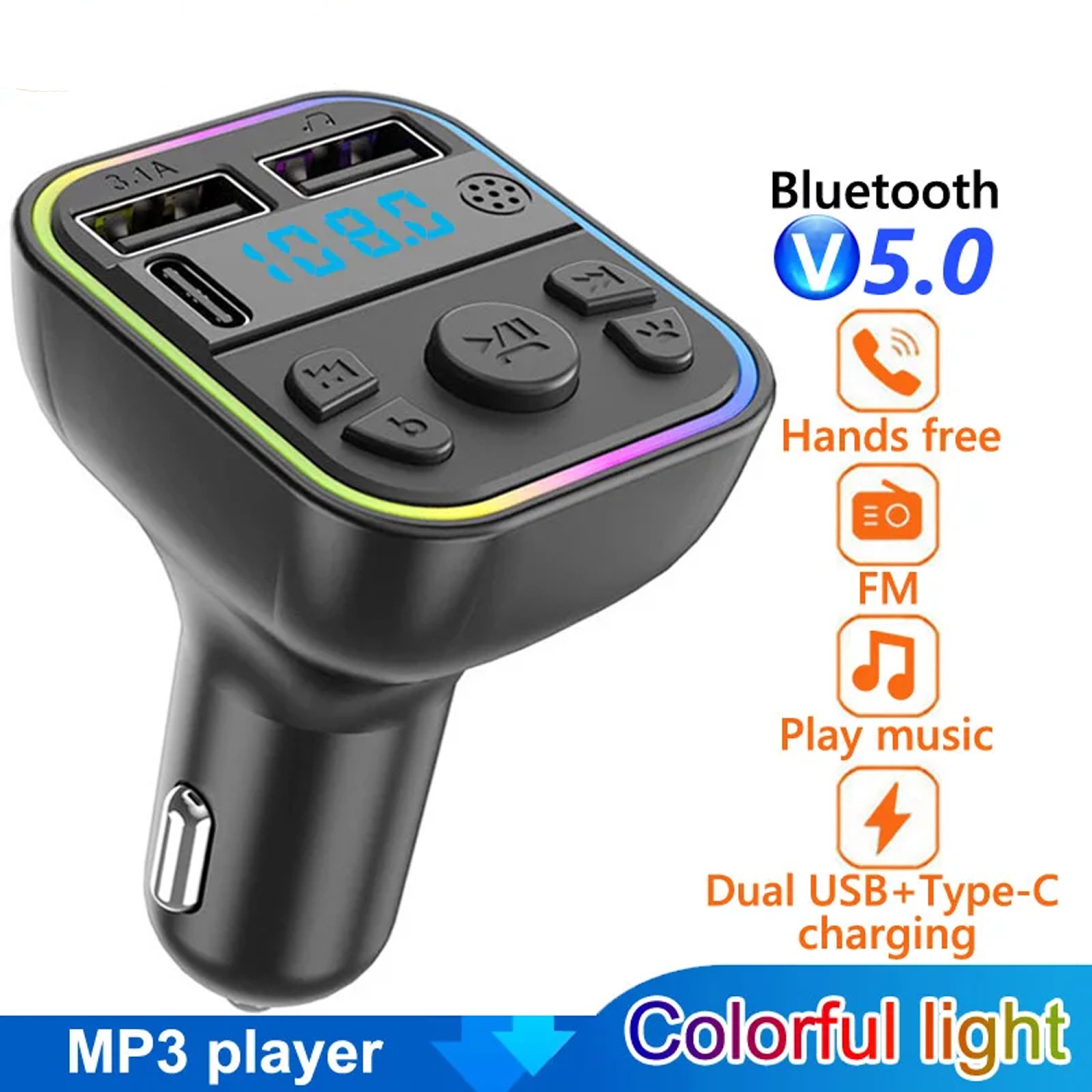 FM Transmitter Bluetooth 5.0 Handsfree Car Kit Colorful Ambient Light Type C Dual USB Fast Charging Music Car MP3 Player