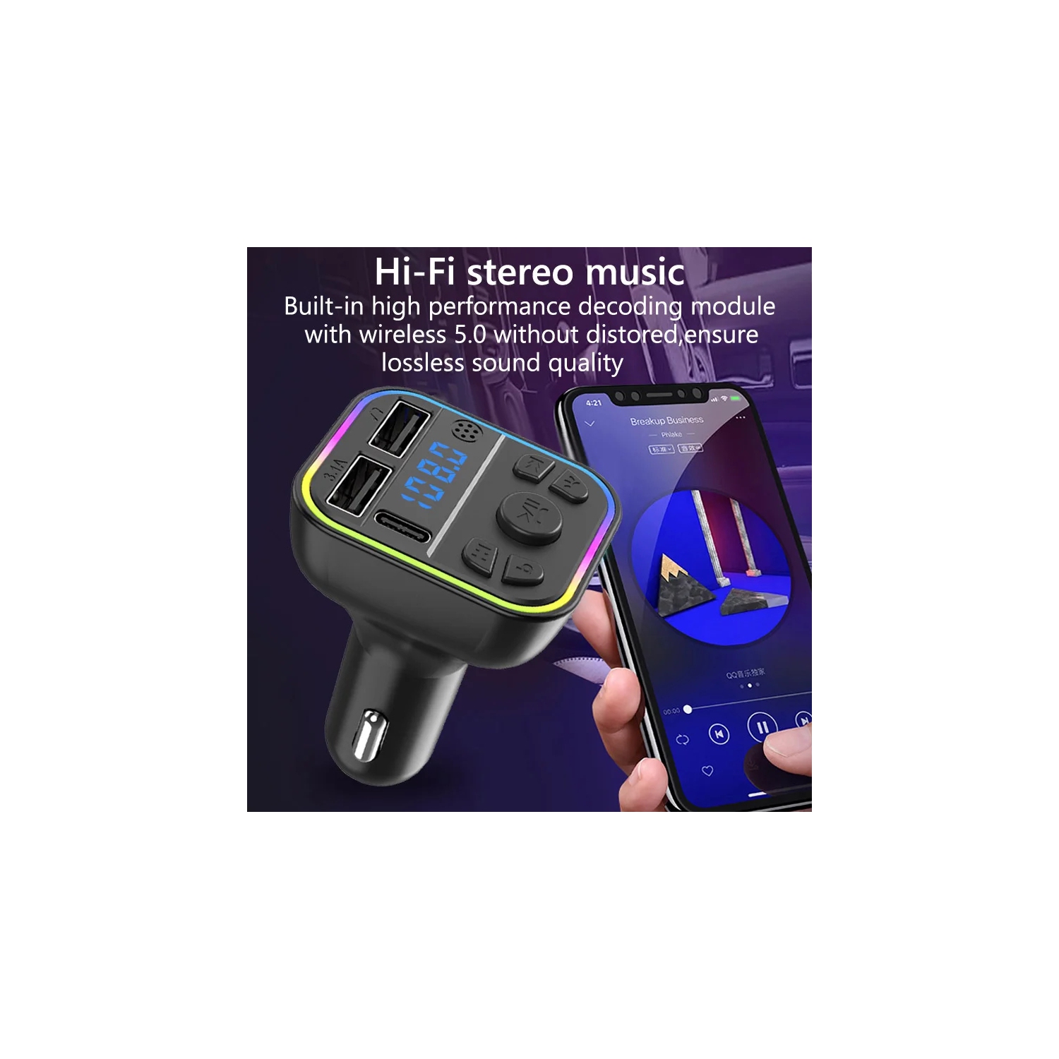 FM Transmitter Bluetooth 5.0 Handsfree Car Kit Colorful Ambient Light Type C Dual USB Fast Charging Music Car MP3 Player