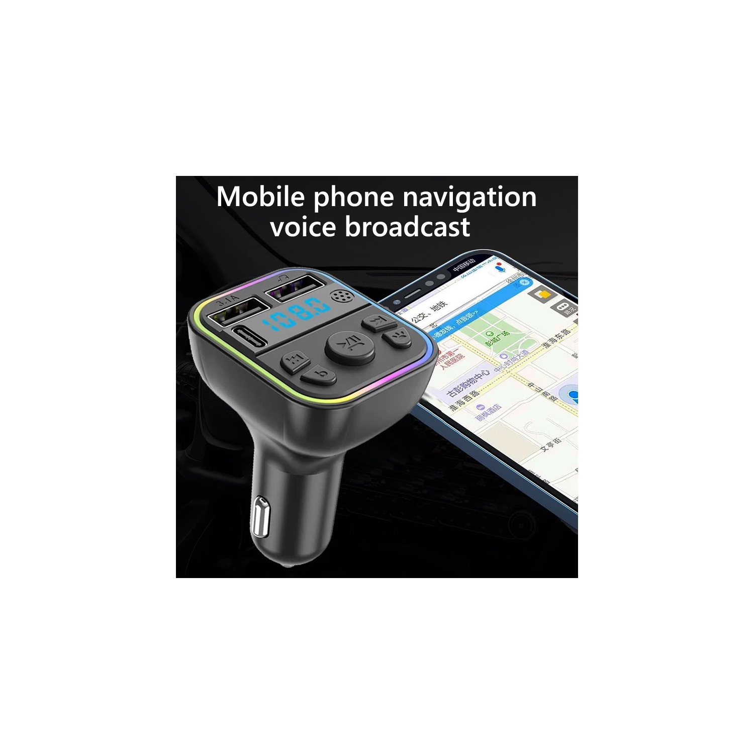 FM Transmitter Bluetooth 5.0 Handsfree Car Kit Colorful Ambient Light Type C Dual USB Fast Charging Music Car MP3 Player