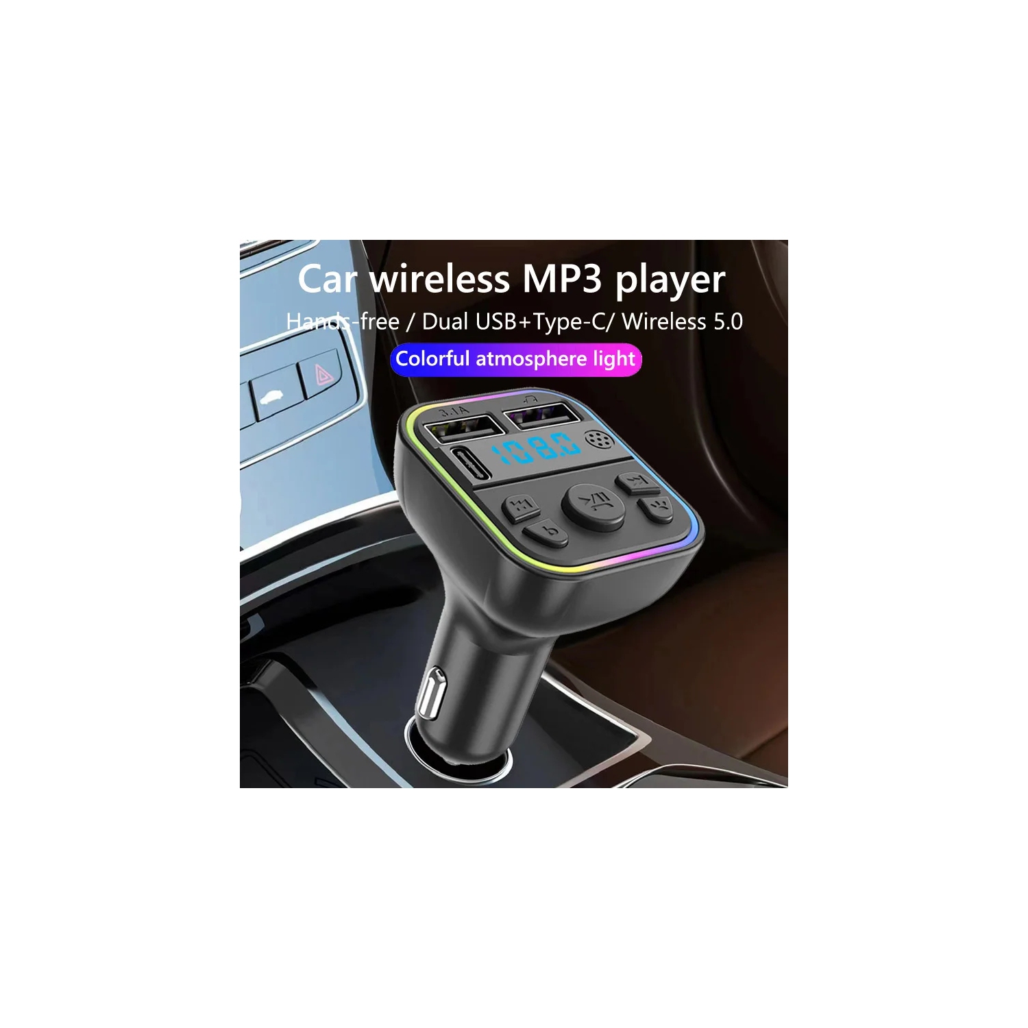 FM Transmitter Bluetooth 5.0 Handsfree Car Kit Colorful Ambient Light Type C Dual USB Fast Charging Music Car MP3 Player