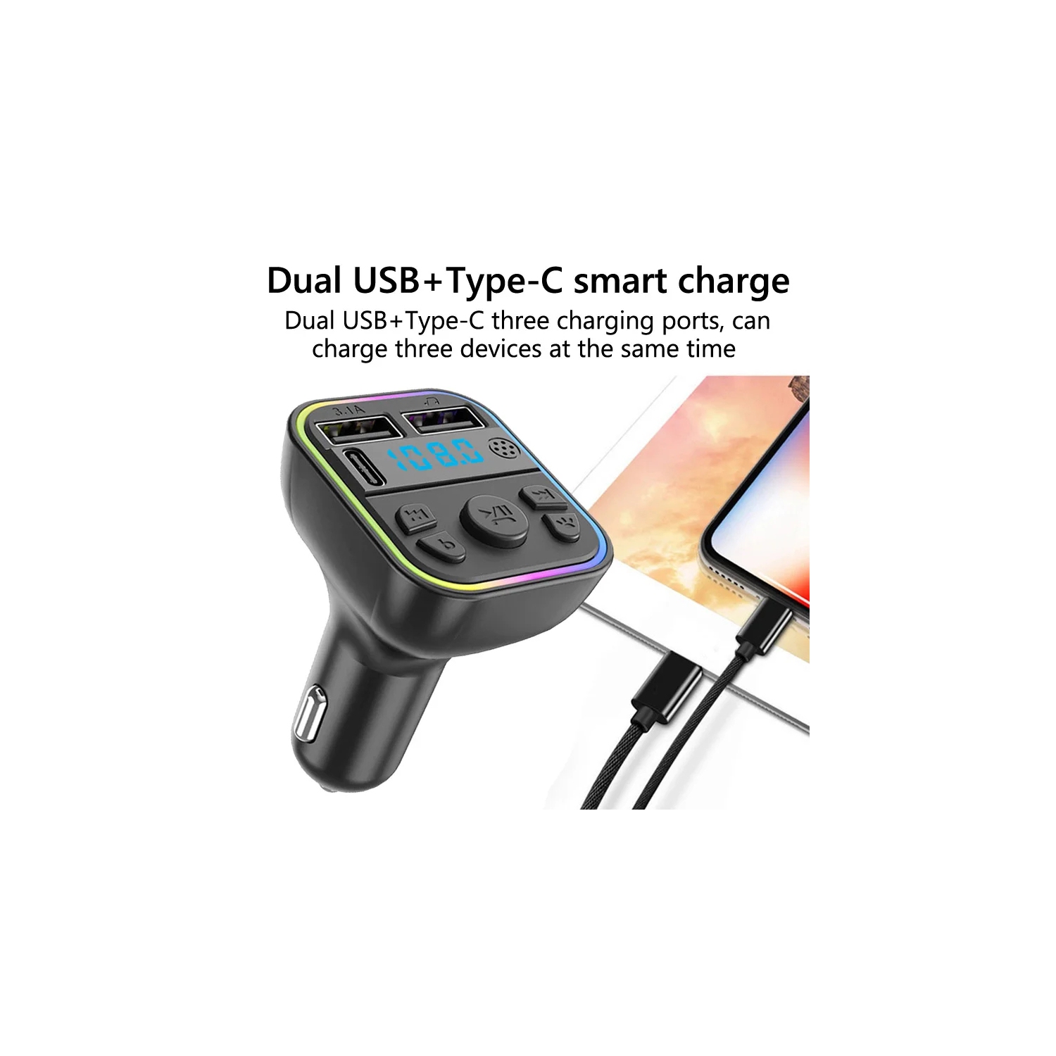 FM Transmitter Bluetooth 5.0 Handsfree Car Kit Colorful Ambient Light Type C Dual USB Fast Charging Music Car MP3 Player