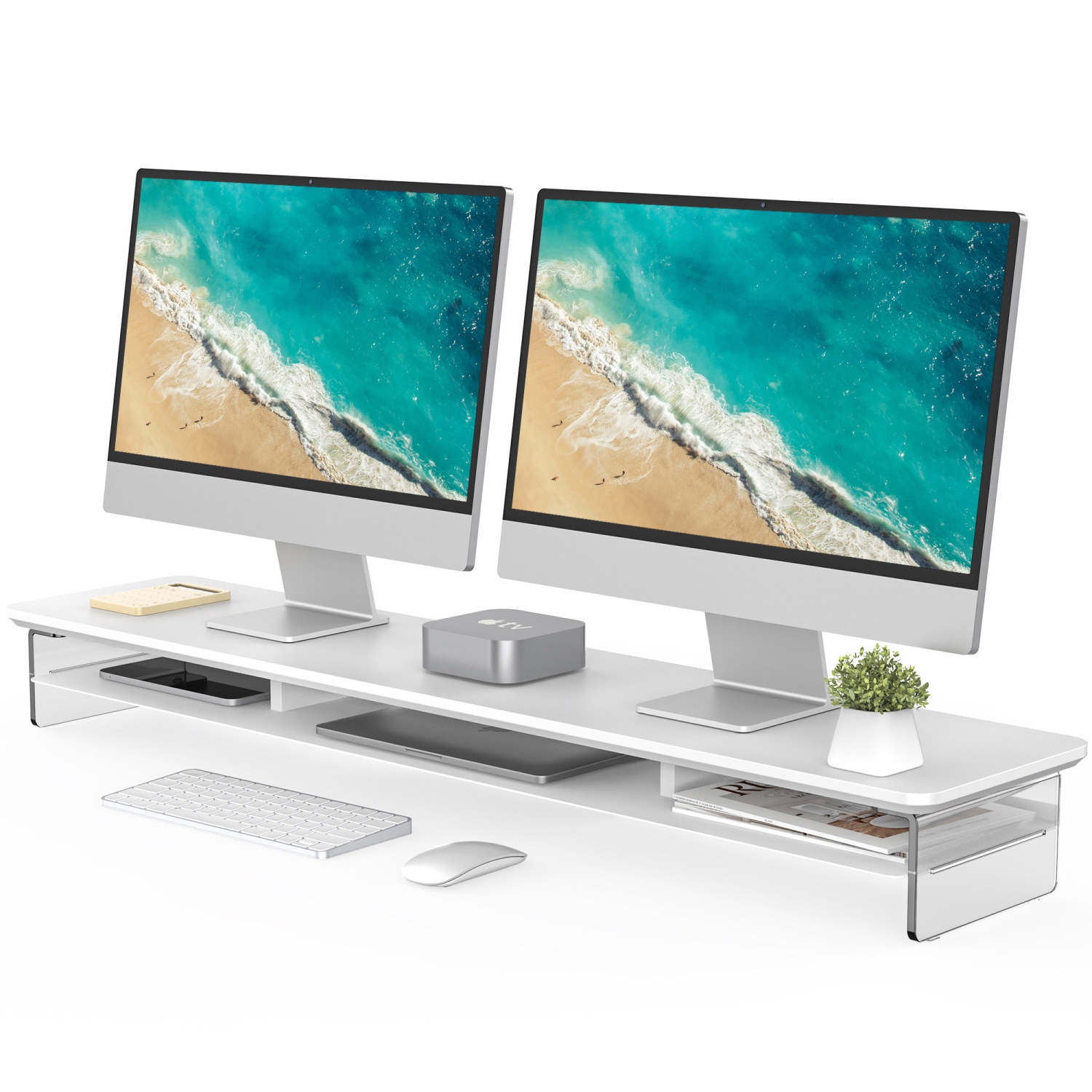 FENGE – Support pour moniteur double à 2 niveaux en acrylique, support pour ordinateur robuste et transparent pour la maison, le bureau et