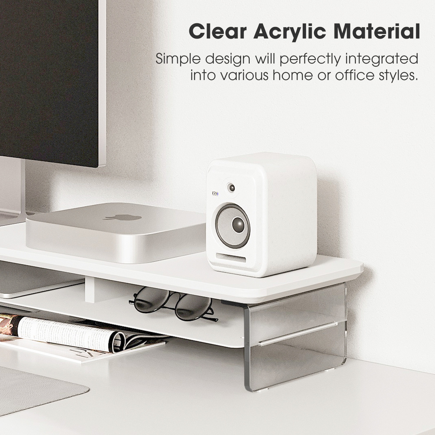 FENGE – Support pour moniteur double à 2 niveaux en acrylique, support pour ordinateur robuste et transparent pour la maison, le bureau et