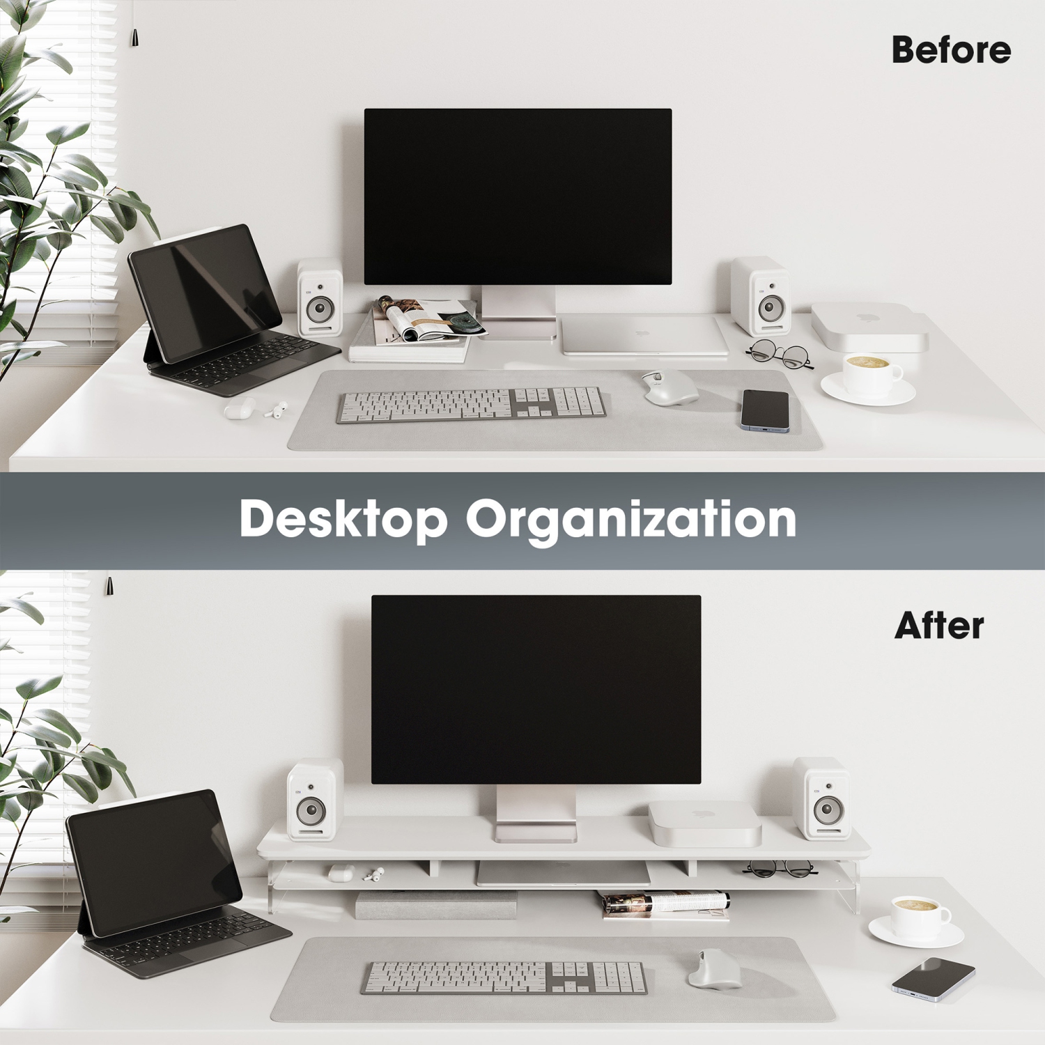 FENGE – Support pour moniteur double à 2 niveaux en acrylique, support pour ordinateur robuste et transparent pour la maison, le bureau et