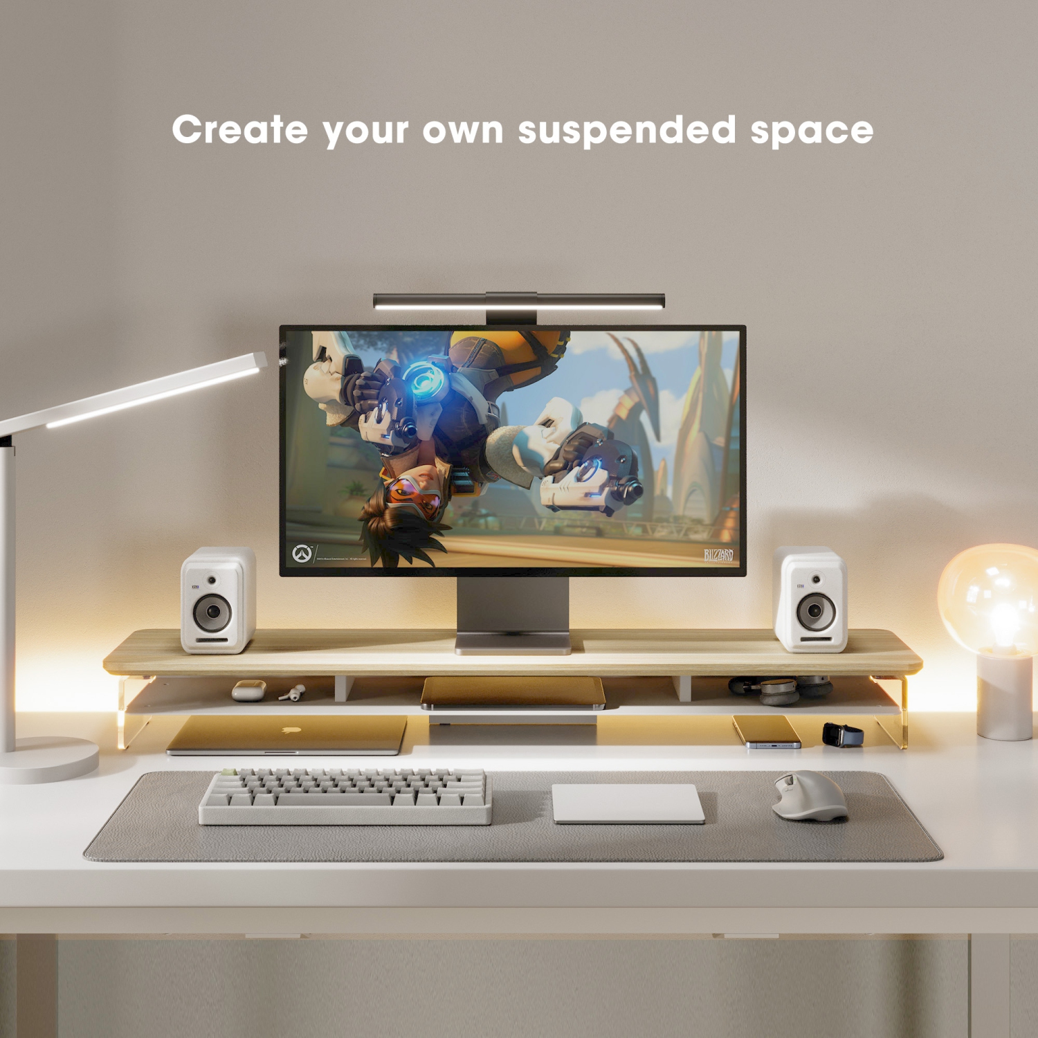 FENGE 2-Tier Acrylic Dual Monitor Stand Monitor Riser,Computer Stand Sturdy and Transparent for Home, Office and Business,Oak