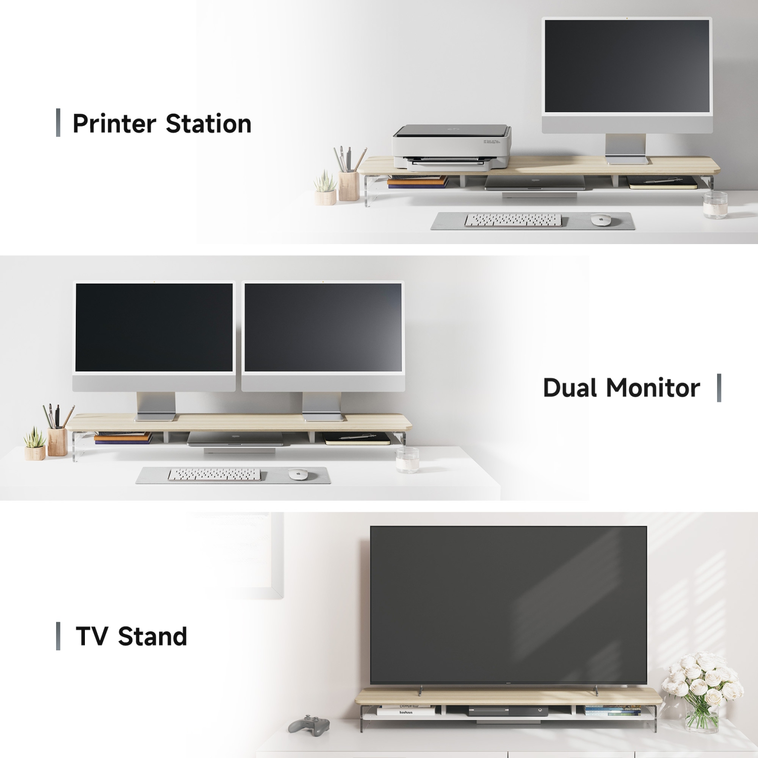 FENGE 2-Tier Acrylic Dual Monitor Stand Monitor Riser,Computer Stand Sturdy and Transparent for Home, Office and Business,Oak