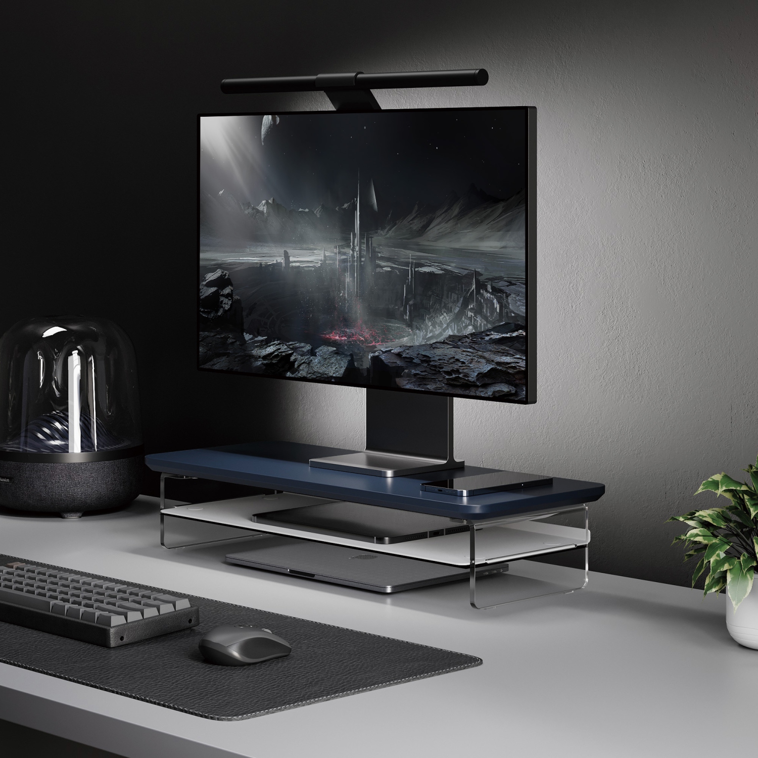 Fenge Acrylic Monitor Stand Riser, 23.6 Inches Dual Acrylic Monitor Stand for 2 Monitors, 2 Tier Acrylic Computer Riser with Storage,Blue