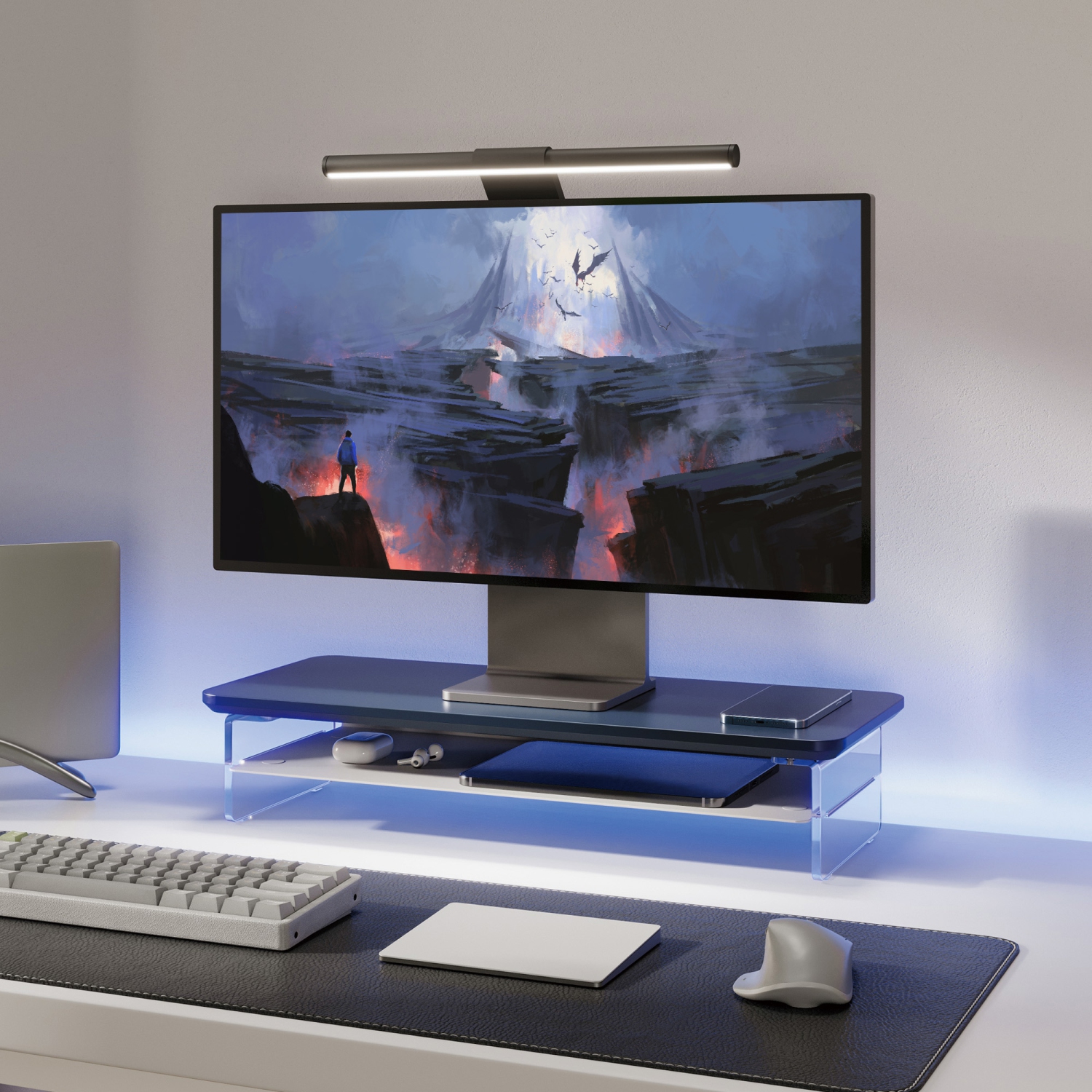 Fenge Acrylic Monitor Stand Riser, 23.6 Inches Dual Acrylic Monitor Stand for 2 Monitors, 2 Tier Acrylic Computer Riser with Storage,Blue