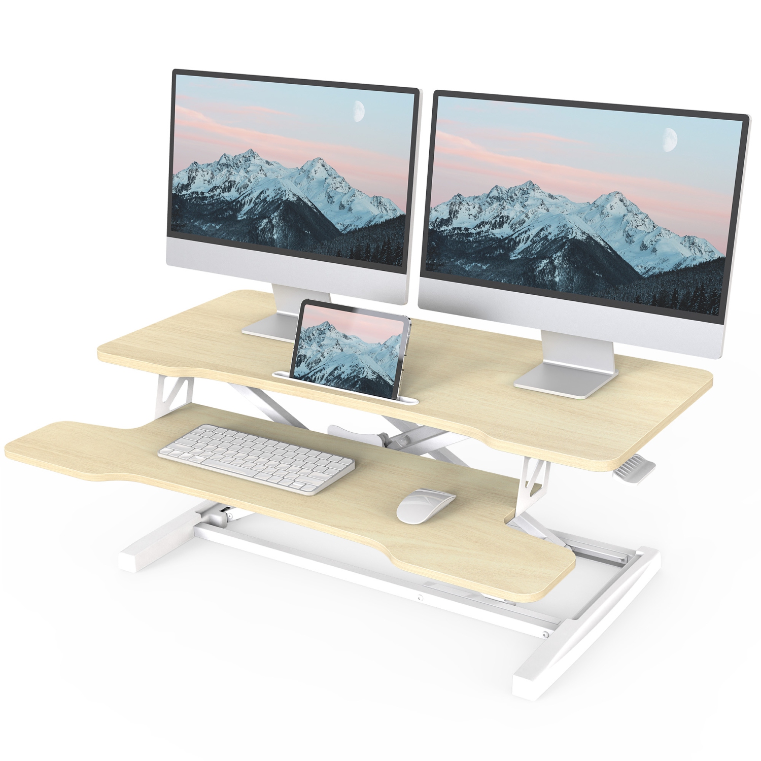 FITUEYES 36'' Standing Desk Converter, Height Adjustable Sit Stand Desk for Dual Monitor and Laptop Riser, Tabletop Workstation with Wide Keyboard Tray, Oak