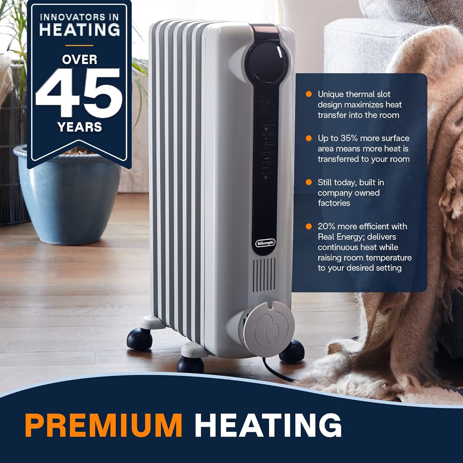 De'Longhi Oil-Filled Radiator Space Heater, Full Room Quiet 1500W, Adjustable Thermostat, 3 Heat Settings, Digital Timer, ECO Energy Saving Mode