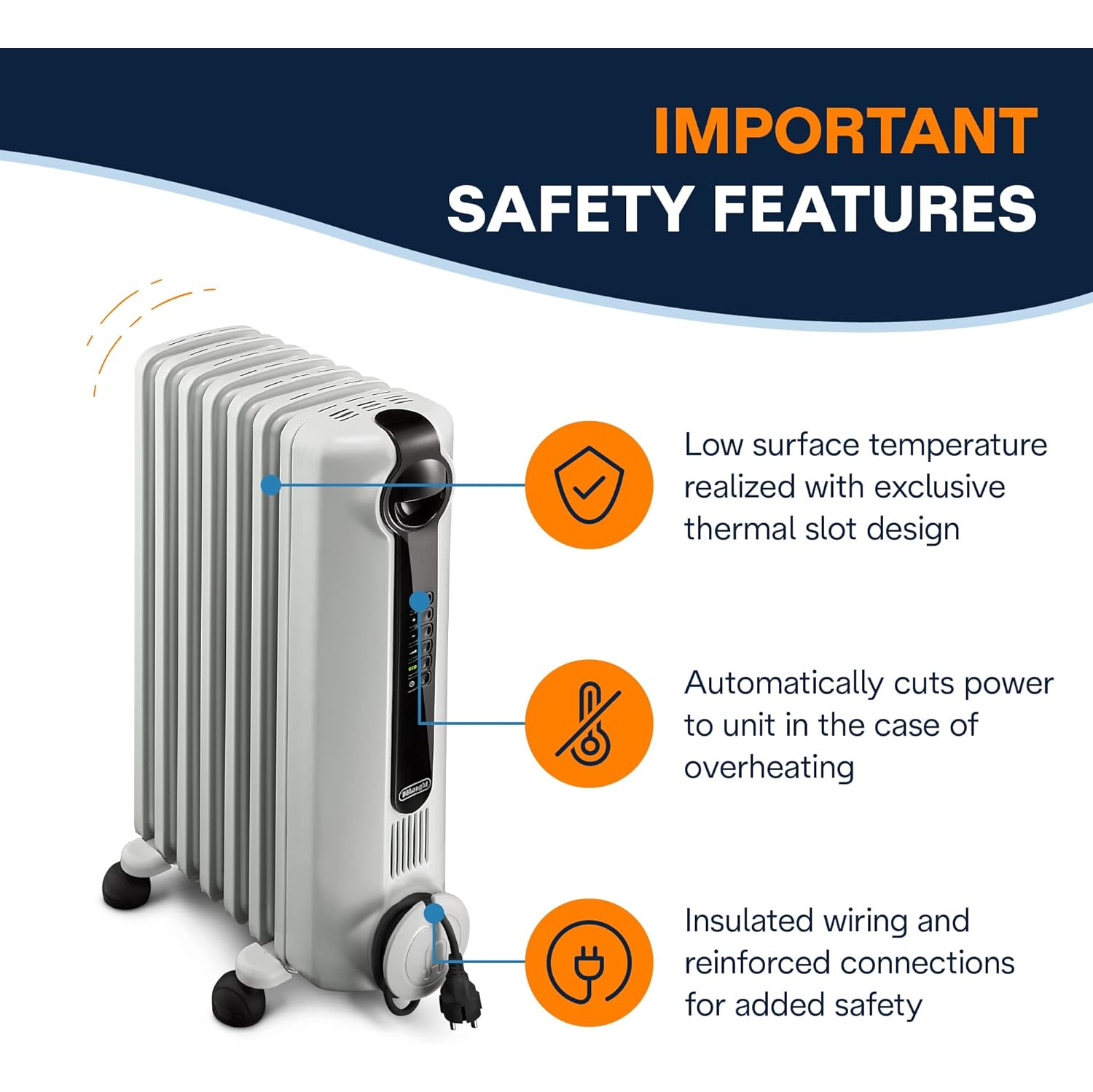 De'Longhi Oil-Filled Radiator Space Heater, Full Room Quiet 1500W, Adjustable Thermostat, 3 Heat Settings, Digital Timer, ECO Energy Saving Mode