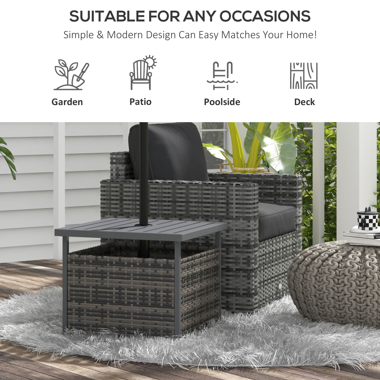 Outsunny 22" Outdoor Rattan Wicker Patio Coffee Table with Umbrella Hole, Patio Side Table with Slatted Metal Top, Suitable for Garden, Backyard,